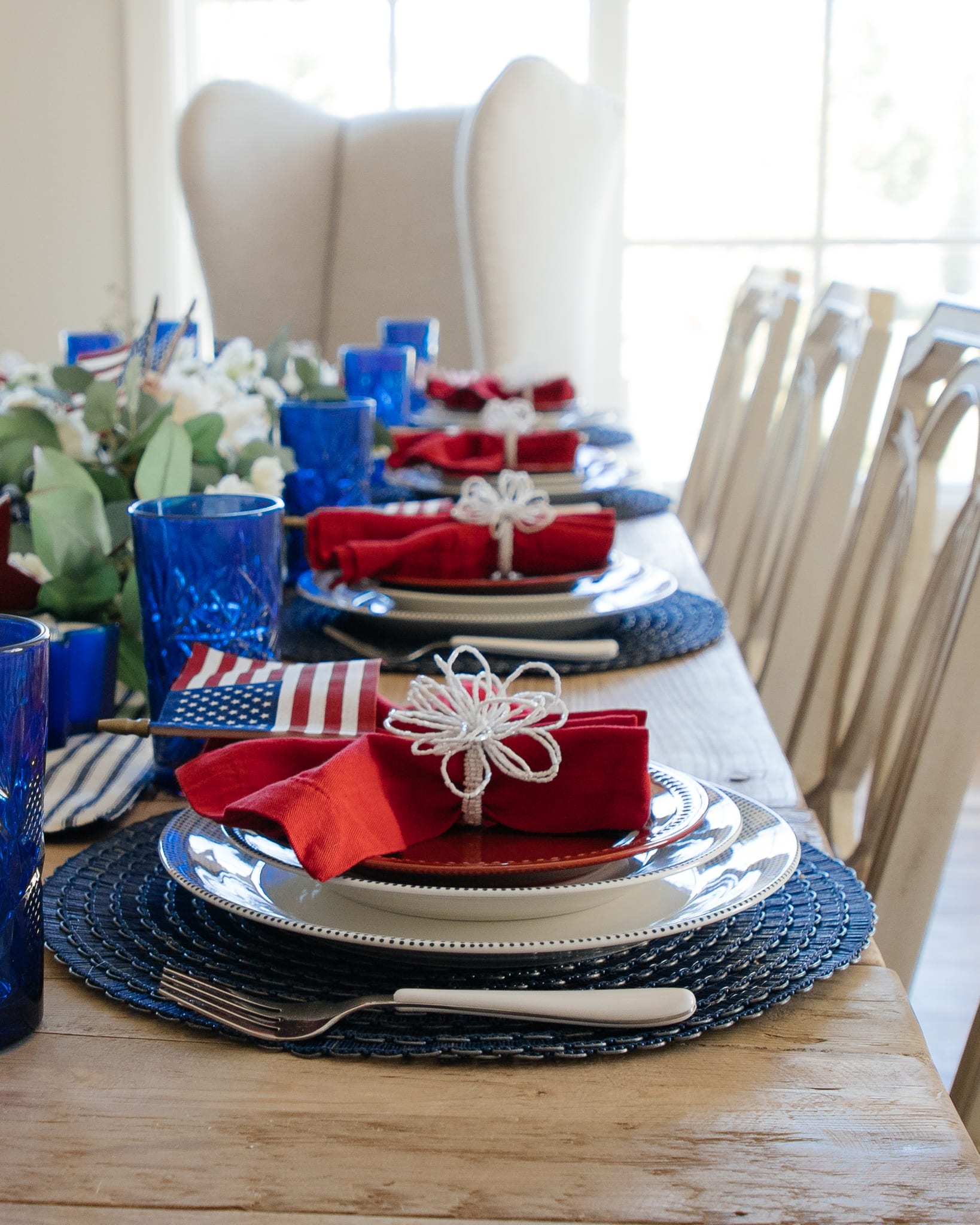 red white and blue patriotic tablescape, american flag