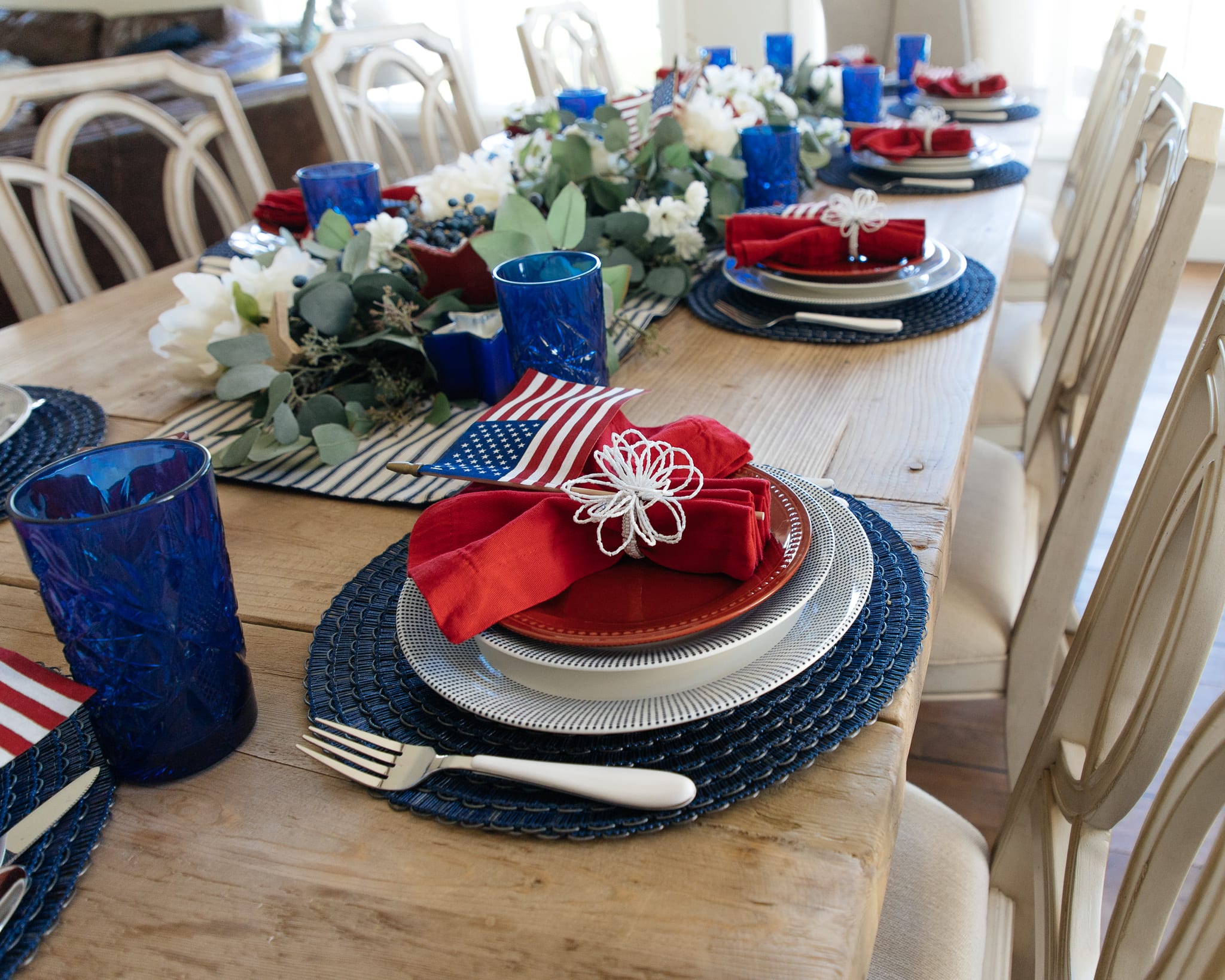 red white and blue patriotic tablescape