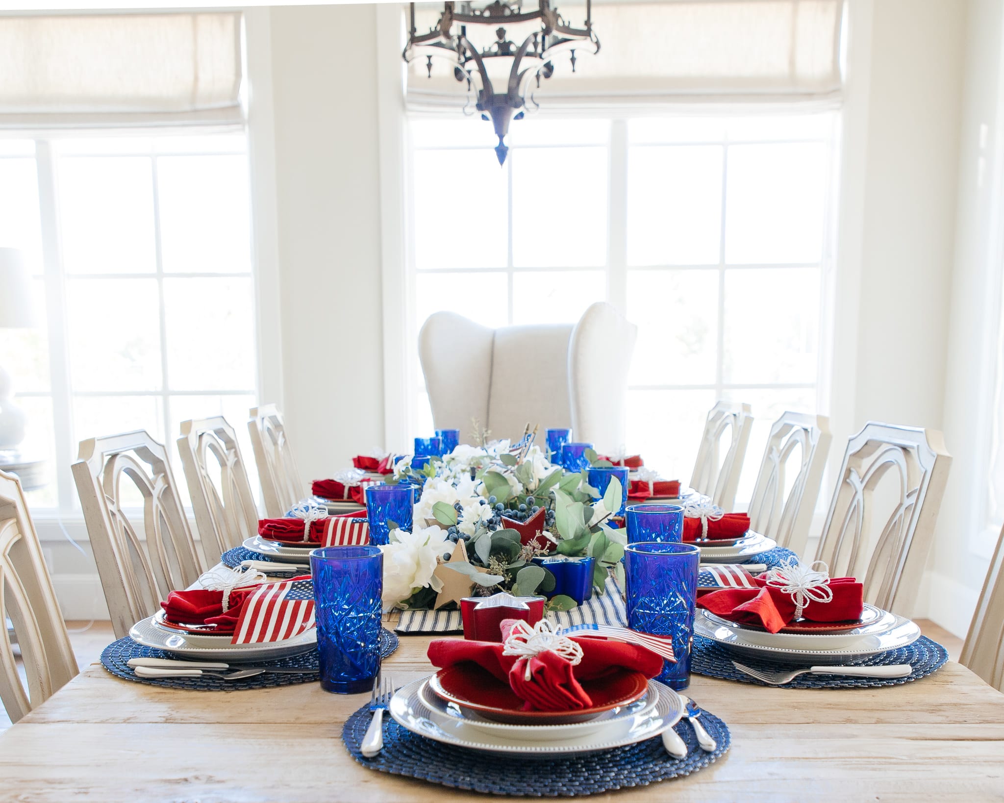 red white and blue patriotic tablescape