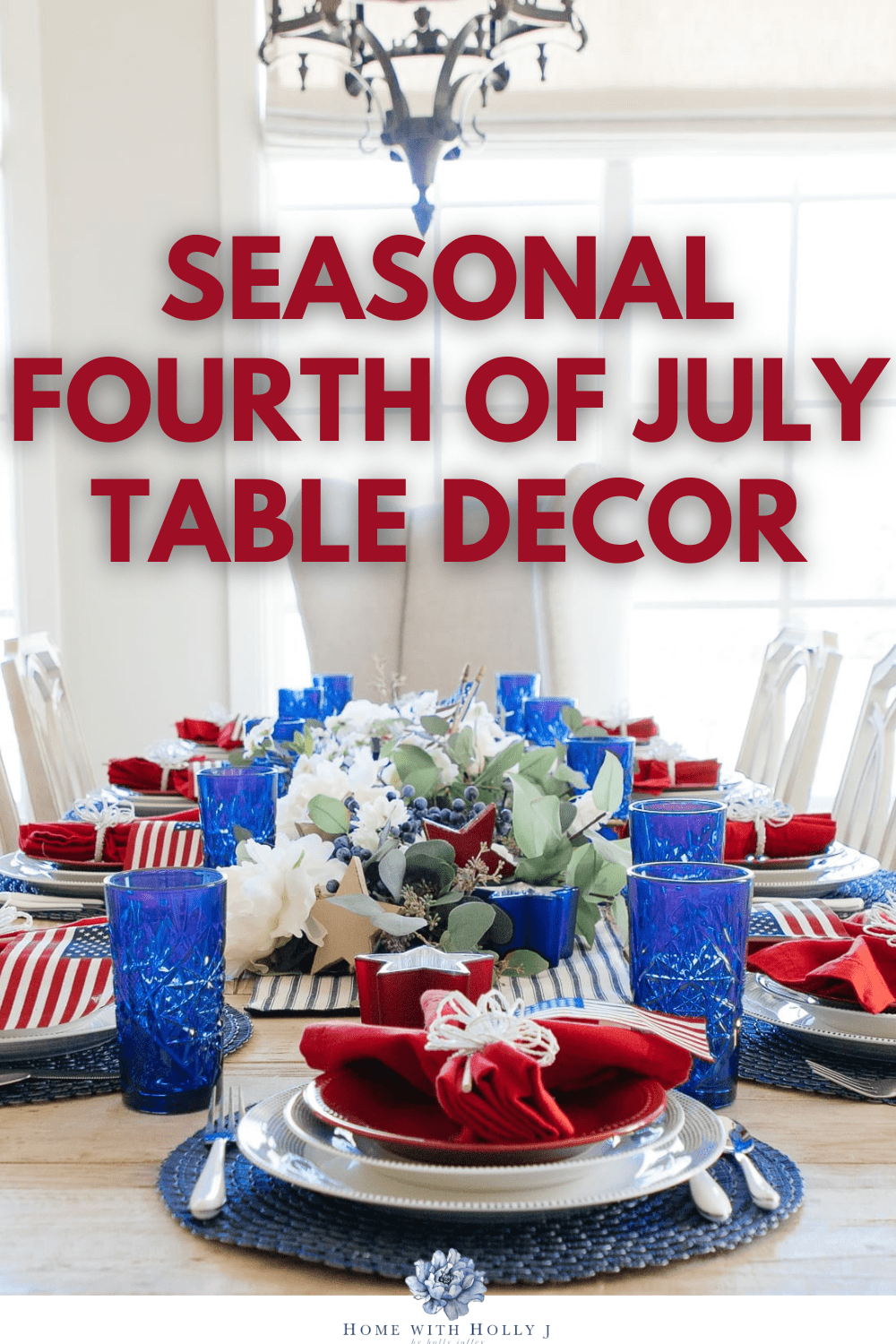 Create a red, white, and blue patriotic tablescape is perfect inspiration for Fourth of July, Memorial Day, or Flag Day festivities.