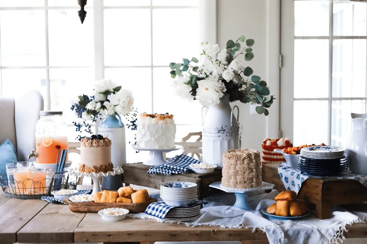 pies and cakes on cake stands