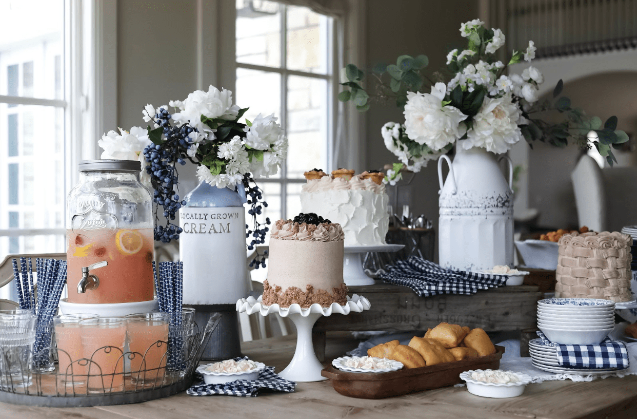 pie and cake display with lemonade