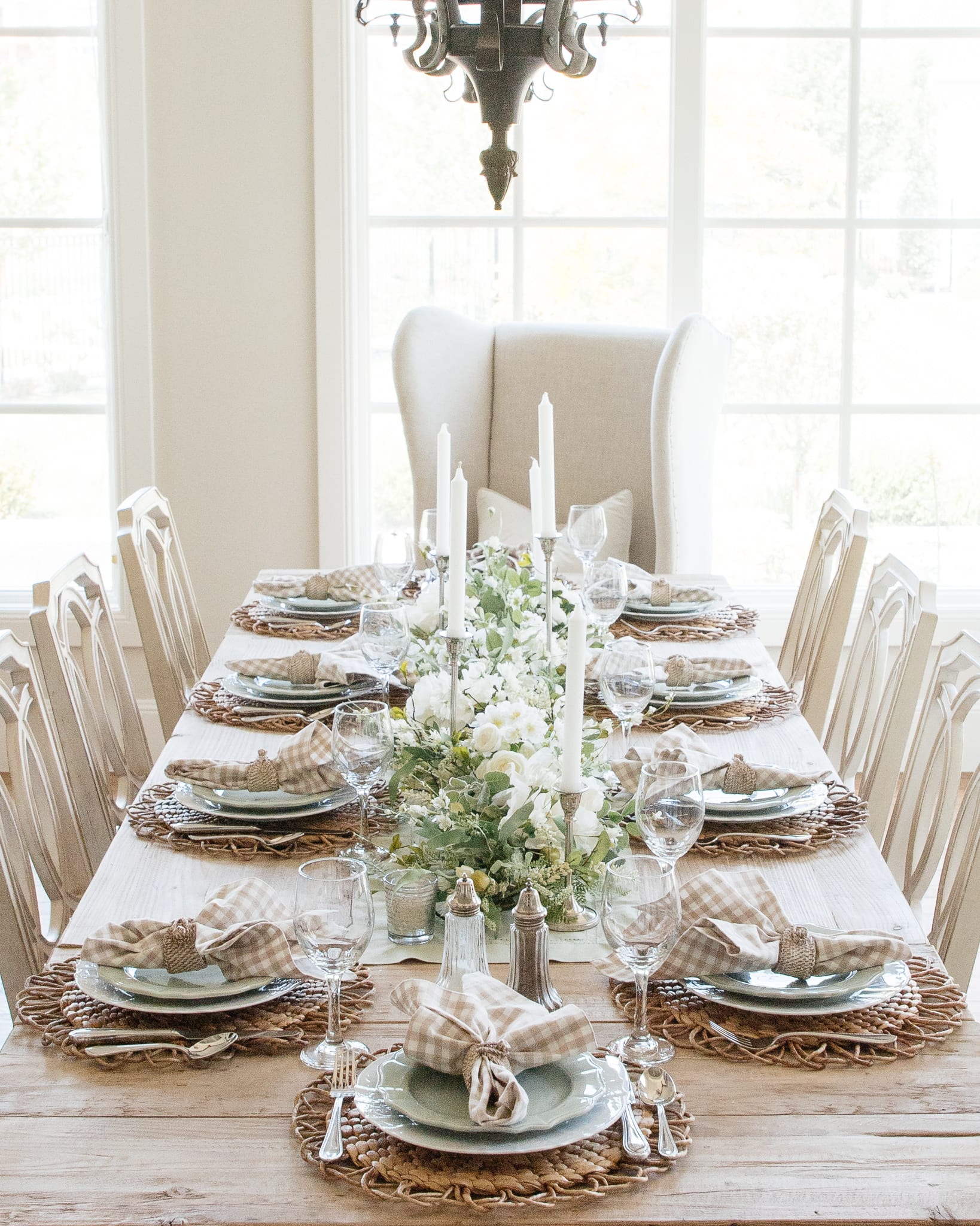 tablescape sage green white dinnerware dining table table setting pacesetting entertaining outdoor entertaining lasagna recipe peach dessert tablescapes garland swag table decor dishes