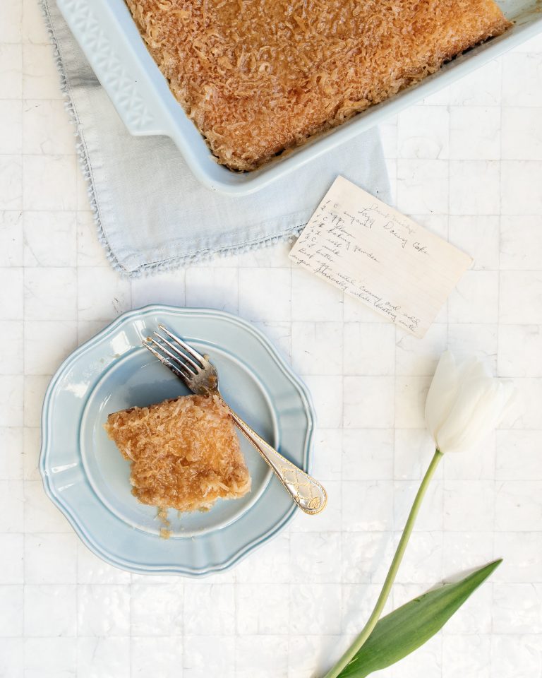 lazy daisy cake in blue baking dish