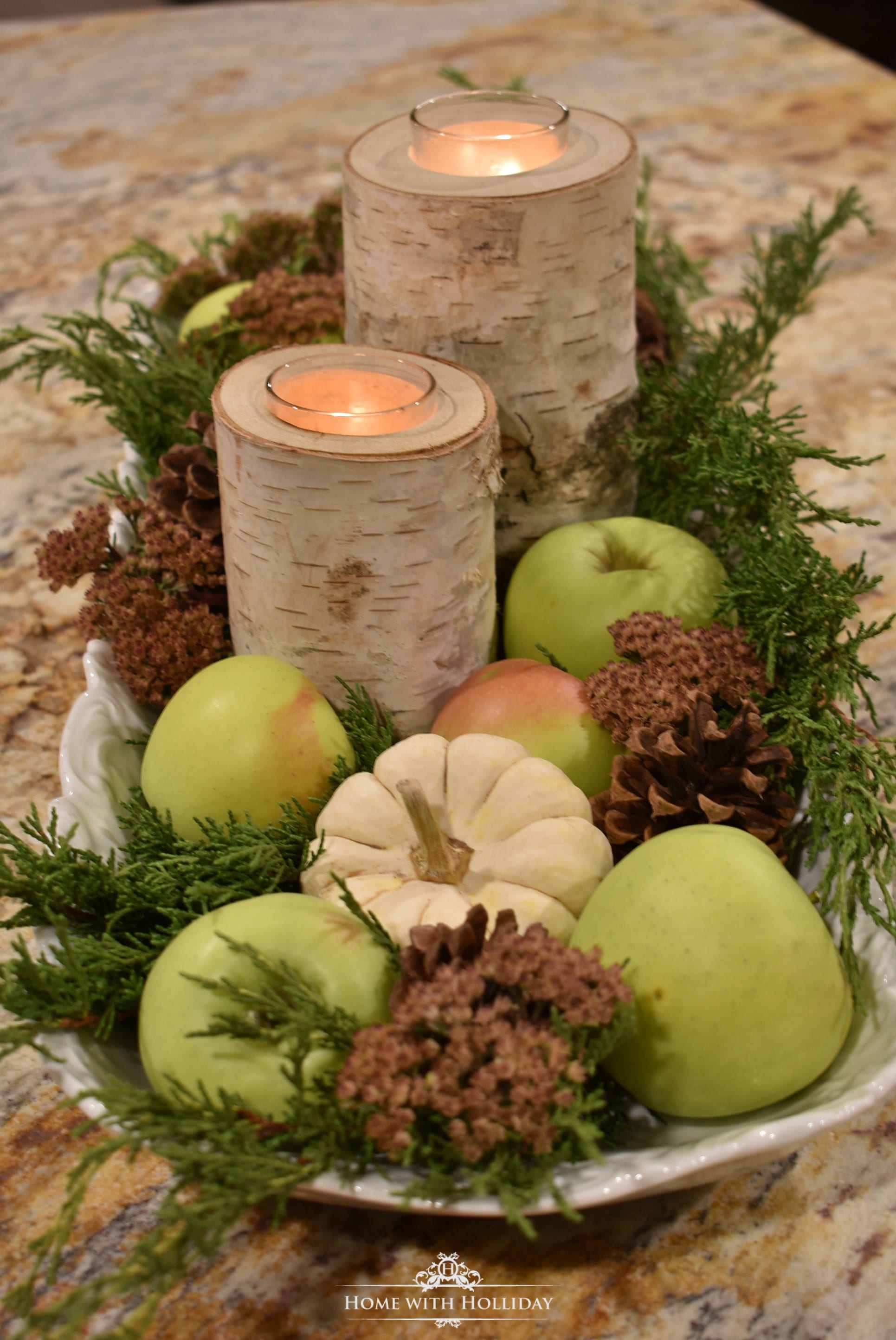 Fall table Centerpiece green apples tablescape nature entertaining table decor table setting hostess ideas using nature thanksgiving pumpkins flowers pine cones decor 