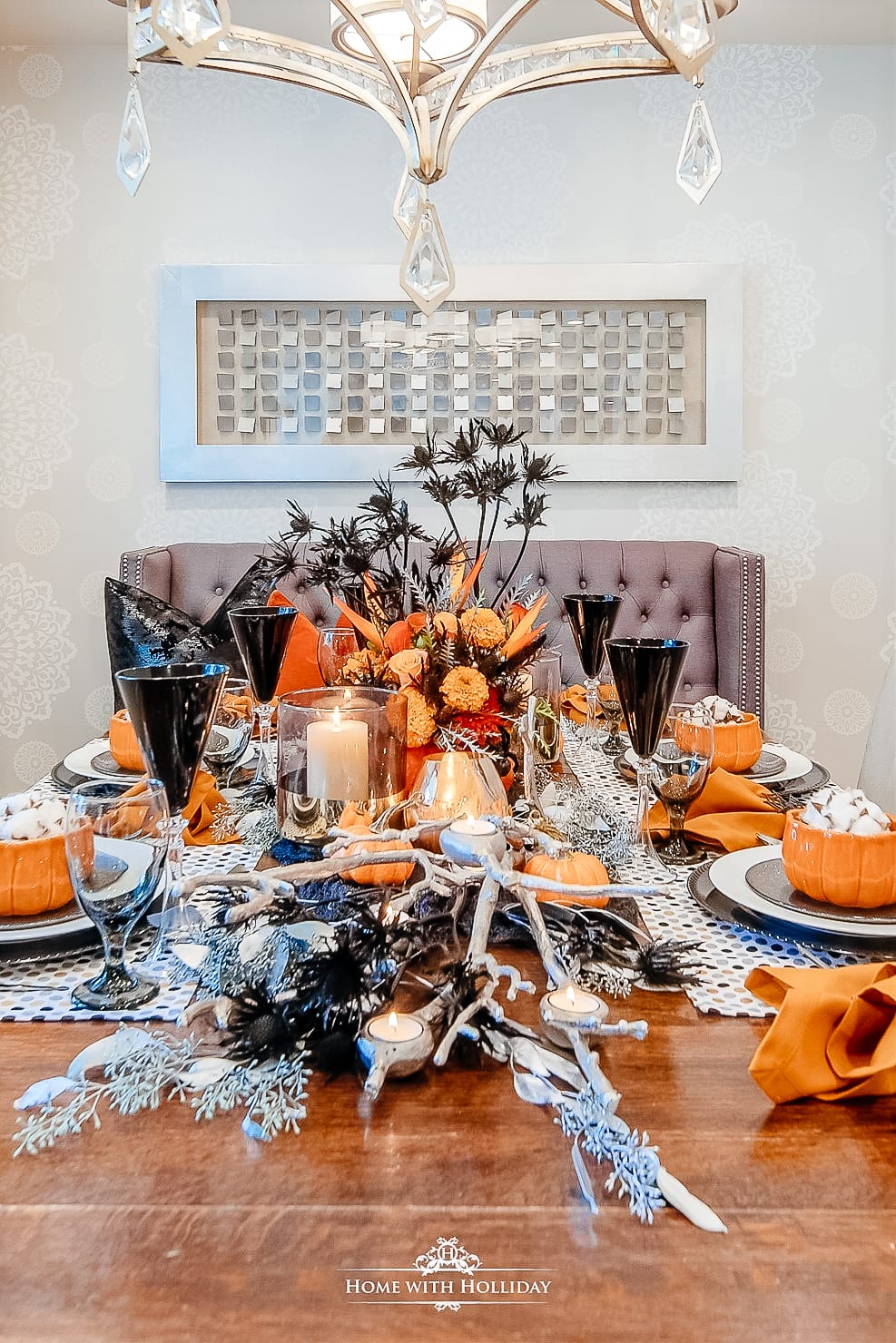 pumpkins black orange decor table setting dinnerware stemware tablescape halloween decor hosting at home fall tablescape entertaining pumpkins recipes thanksgiving tree fall decor autumn decorating ideas