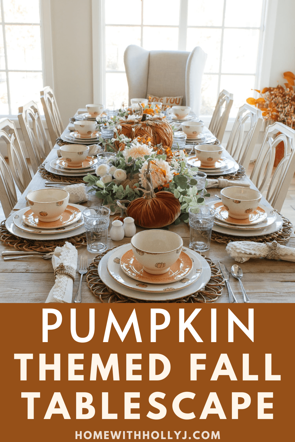 Sharing my pumpkin themed fall tablescape for autumn decor inspiration and a gorgeous way to host family and guests