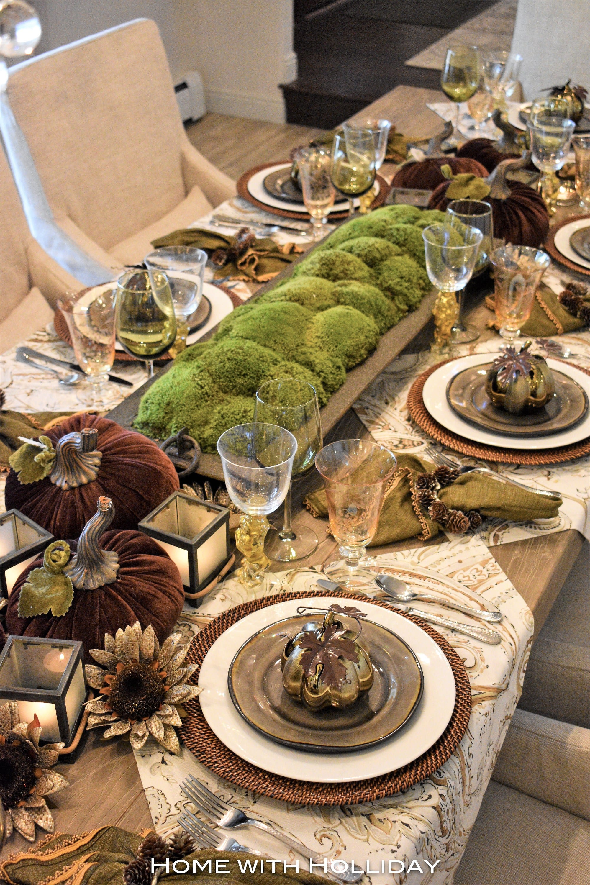 Green and Brown Fall Tablescape with Moss Centerpiece