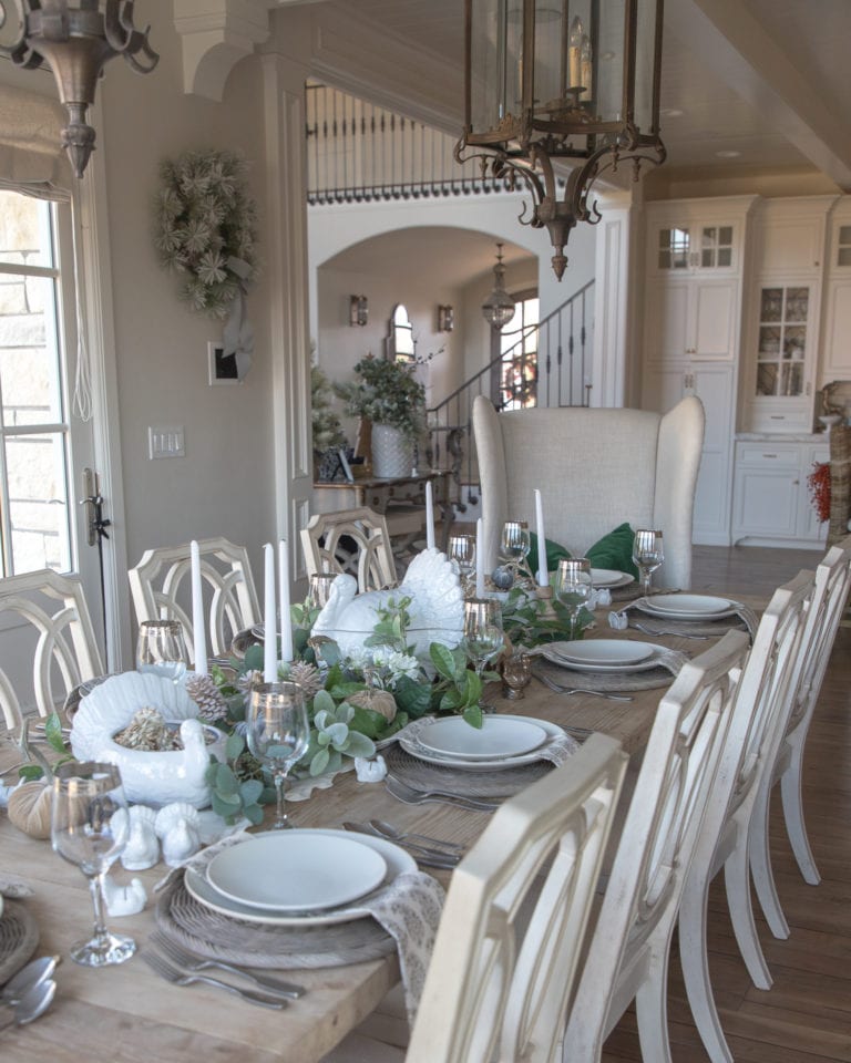 turkey turkeys tablescape white and green tablescape table setting place setting thanksgiving turkey day dinner table dining table dining room pottery barn entertaining