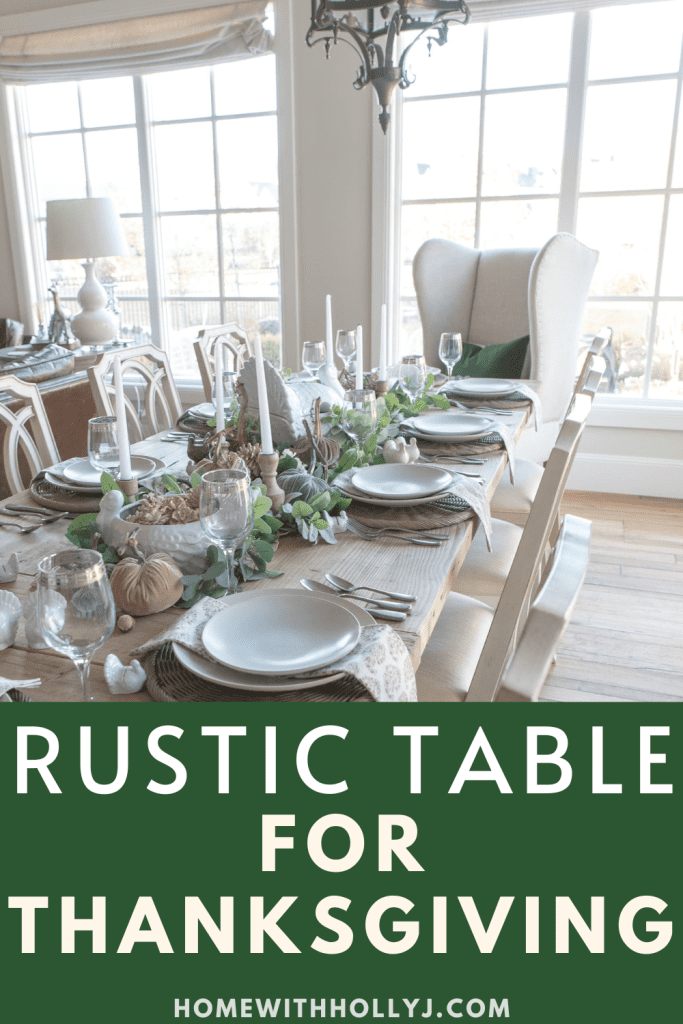 Sharing a Rustic Table For Thanksgiving including greenery, green garland, and velvet pumpkins for warmly welcoming your guests.