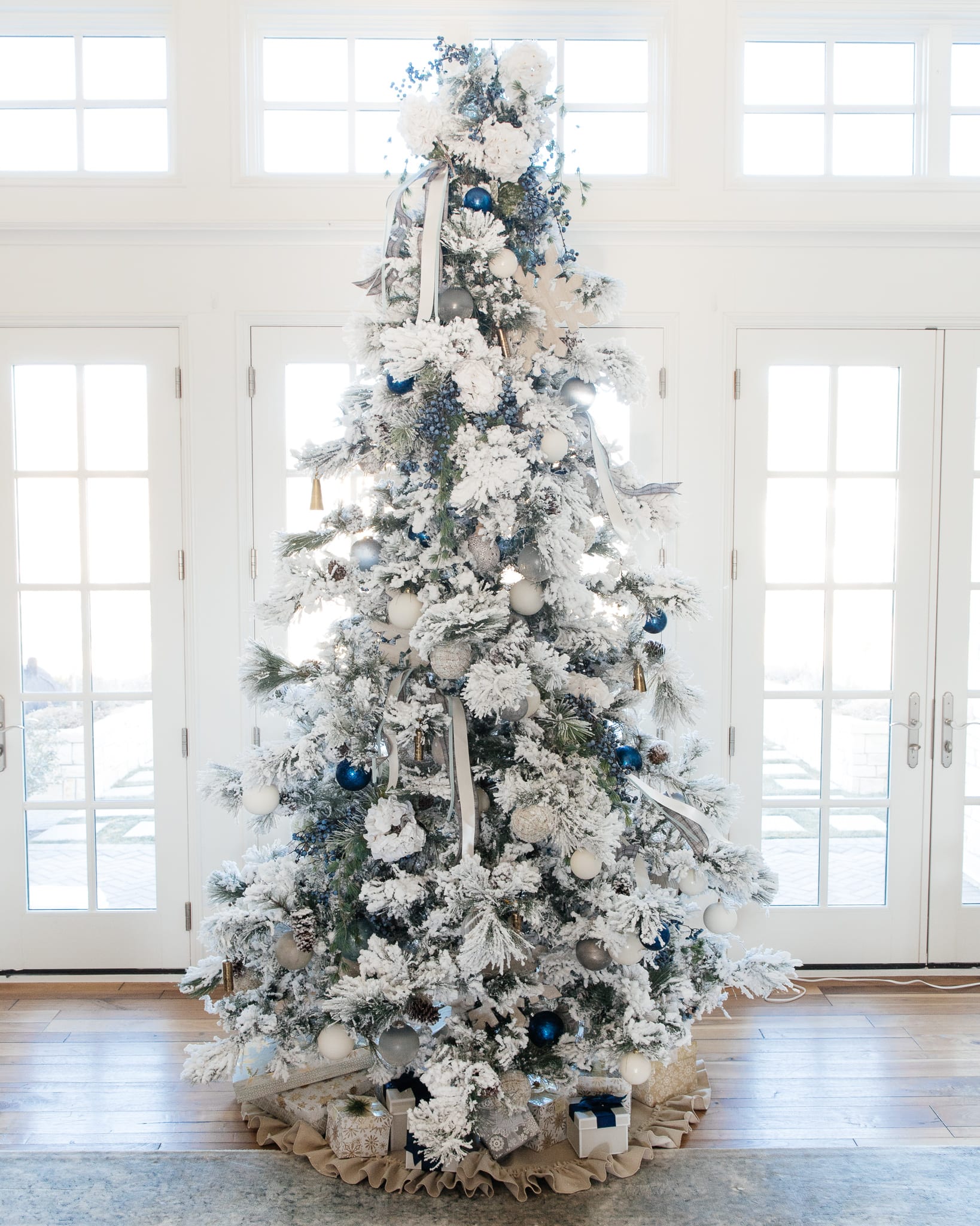 christmas tree christmas decor holiday decor home decor christmas blue silver ivory ornaments flocked tree