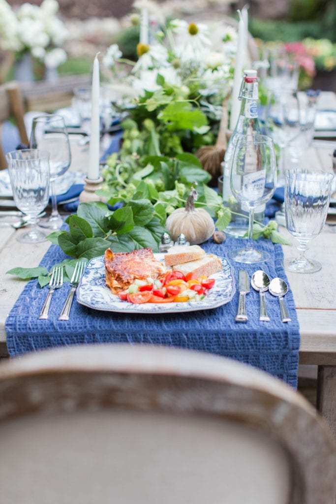 recipe lasagna tablescape french country blue table setting outdoor entertaining place setting italian recipes entertaining hosting christmas dinner ideas