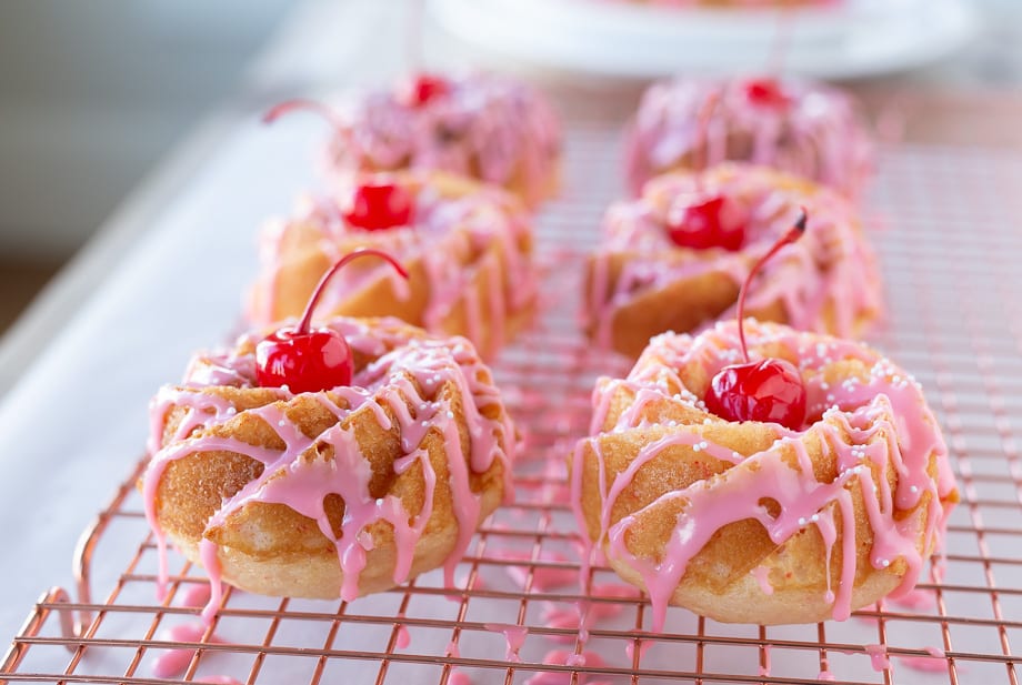 cherry chip cake mini bundt cakes valentines dessert pink cakes frosting baking homemade