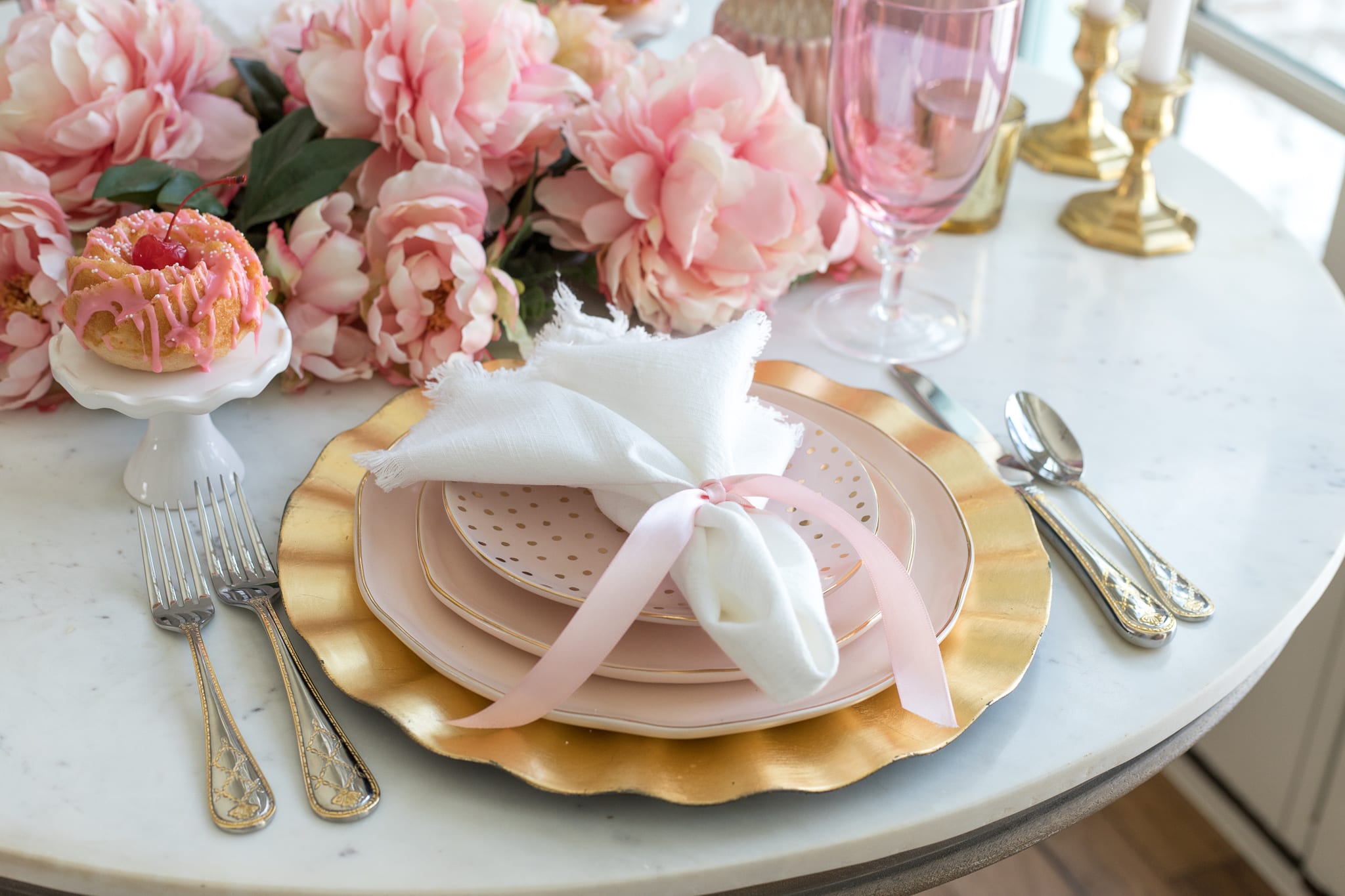 Dessert recipe cake cherry chip cake valentines recipe valentines dinner tablescape pink table setting pacesetting pink and gold table setting table decor