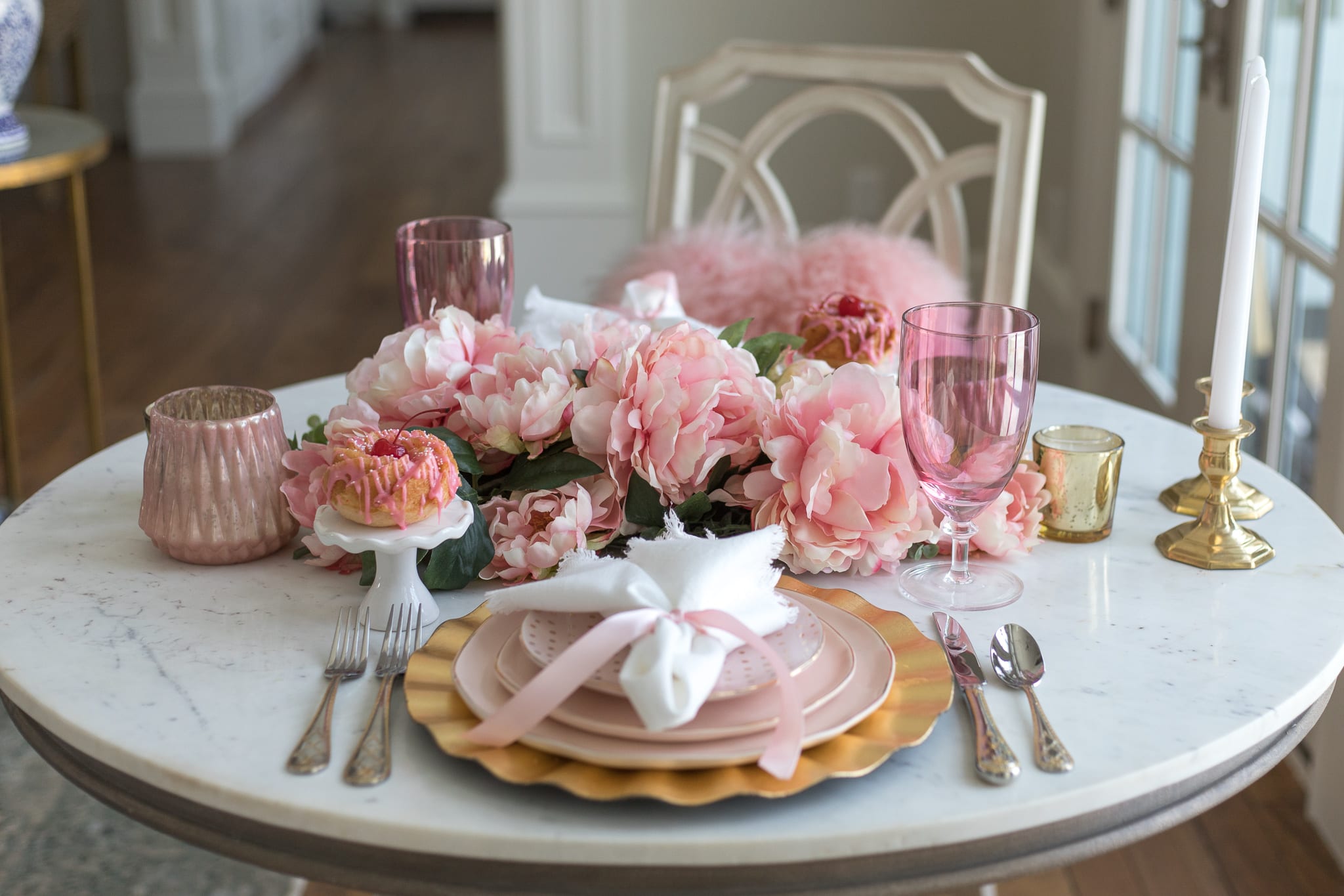 Dessert recipe cake cherry chip cake valentines recipe valentines dinner tablescape pink table setting pacesetting pink and gold table setting table decor