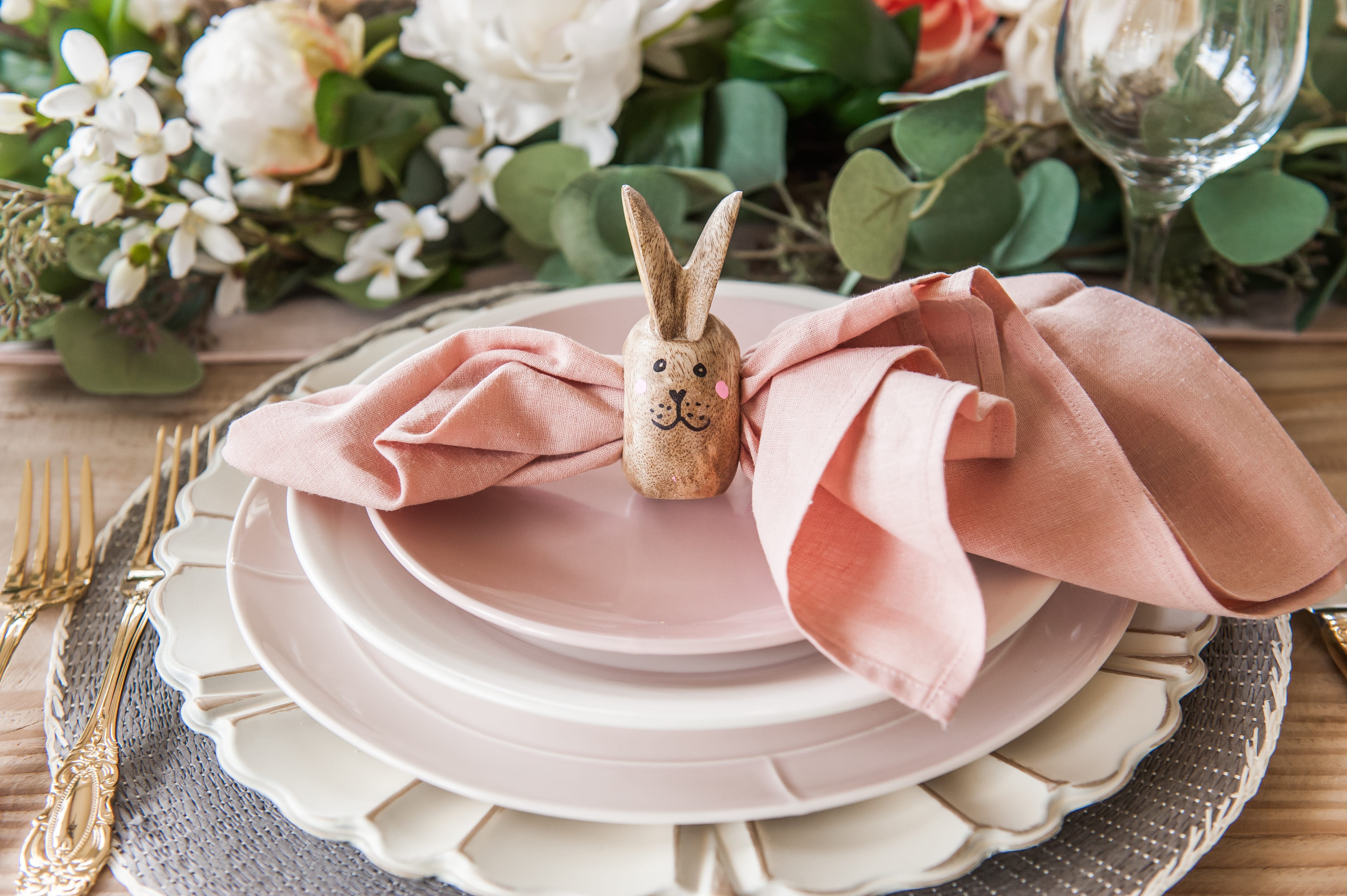 entertaining easter dinner pink easter tablescape table setting place setting bunnies napkin rings pink and gray table decor home decoration dining table dining room table easter table