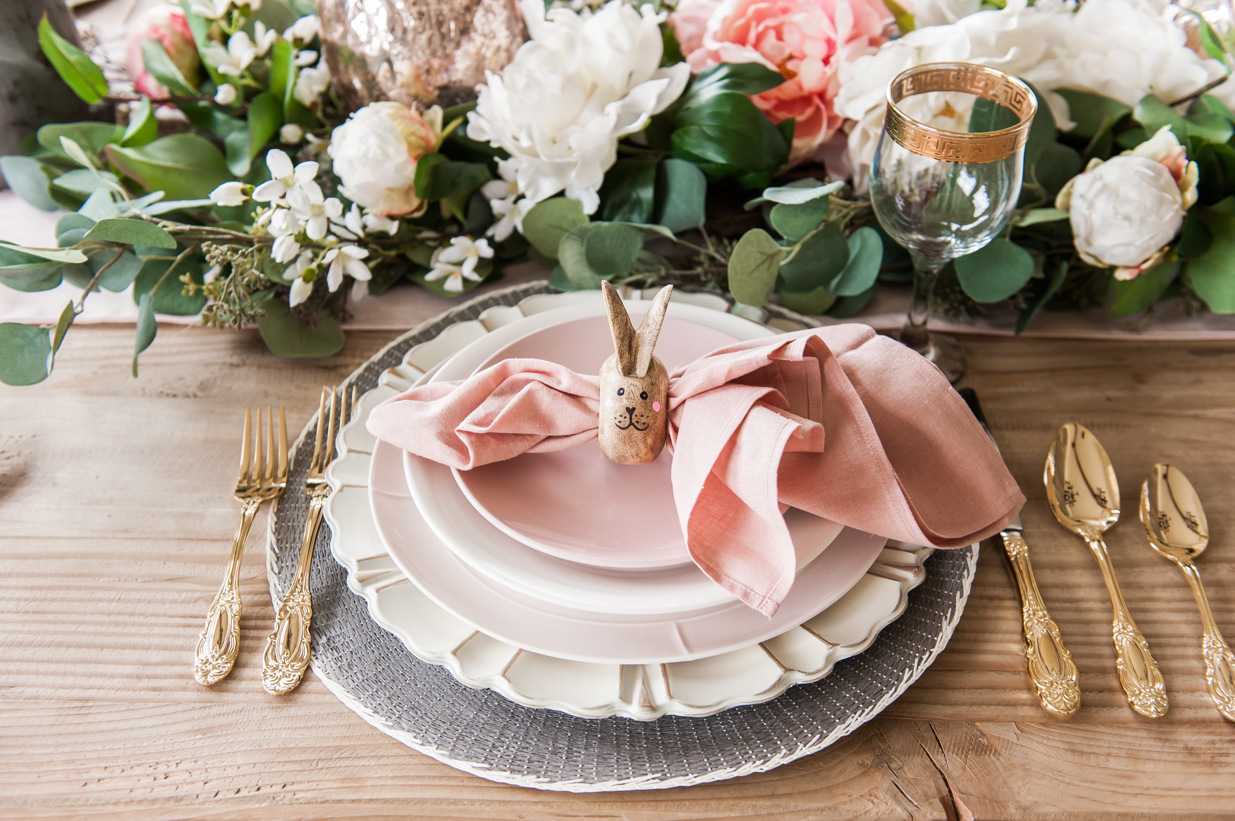 entertaining easter dinner pink easter tablescape table setting place setting bunnies napkin rings pink and gray table decor home decoration dining table dining room table easter table centerpiece garland pink white faux flowers faux greenery