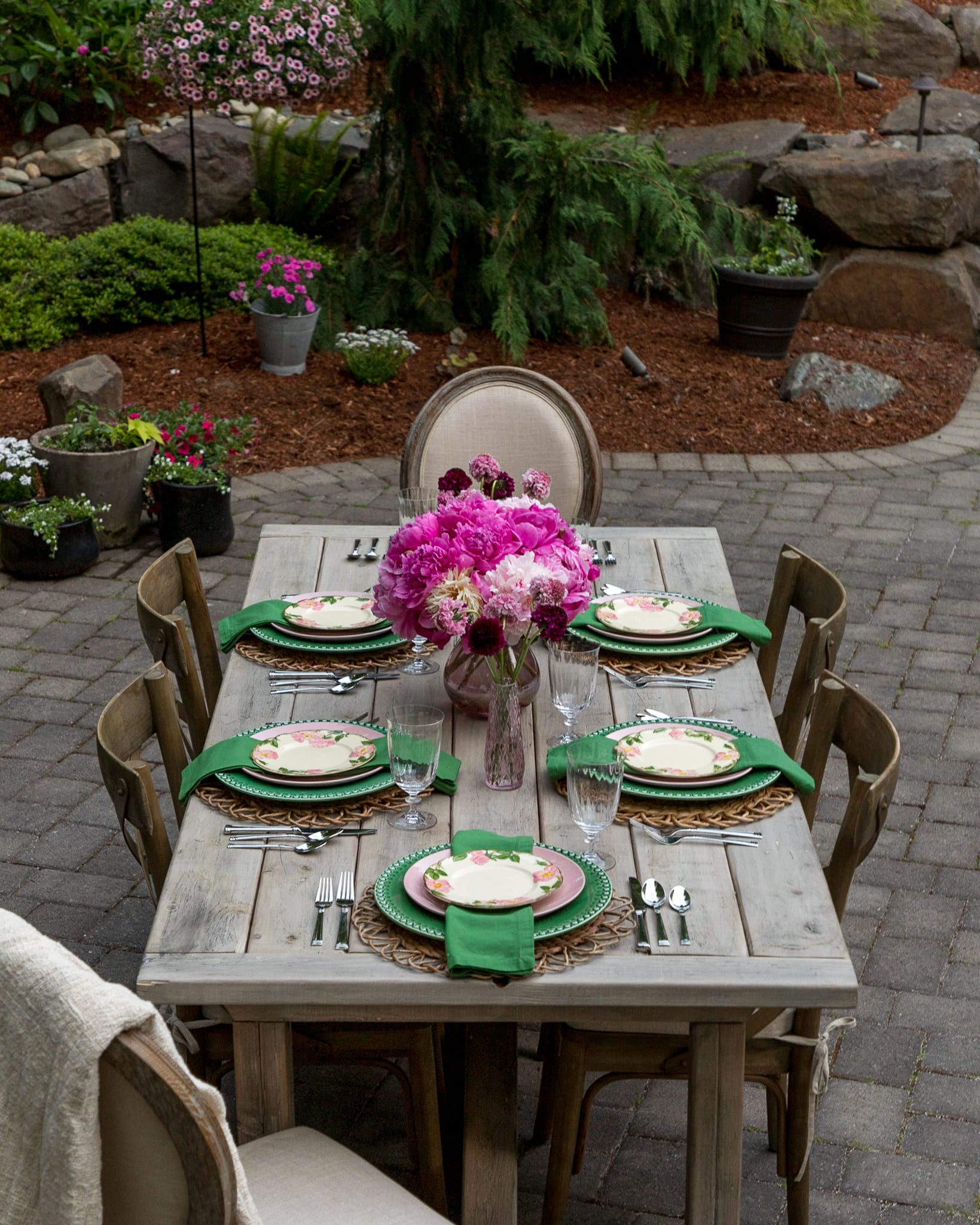 pink peonies centerpiece tablescape outdoor entertaining