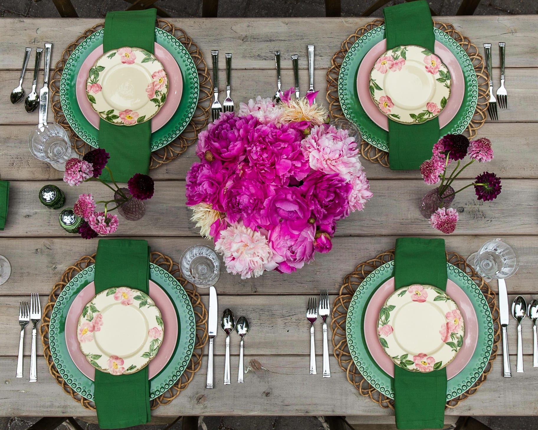 pink peonies summertime tablescape desert rose dishes