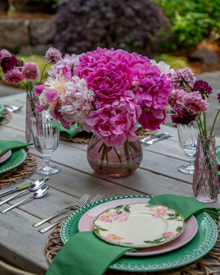pink peonies summertime tablescape centerpiece