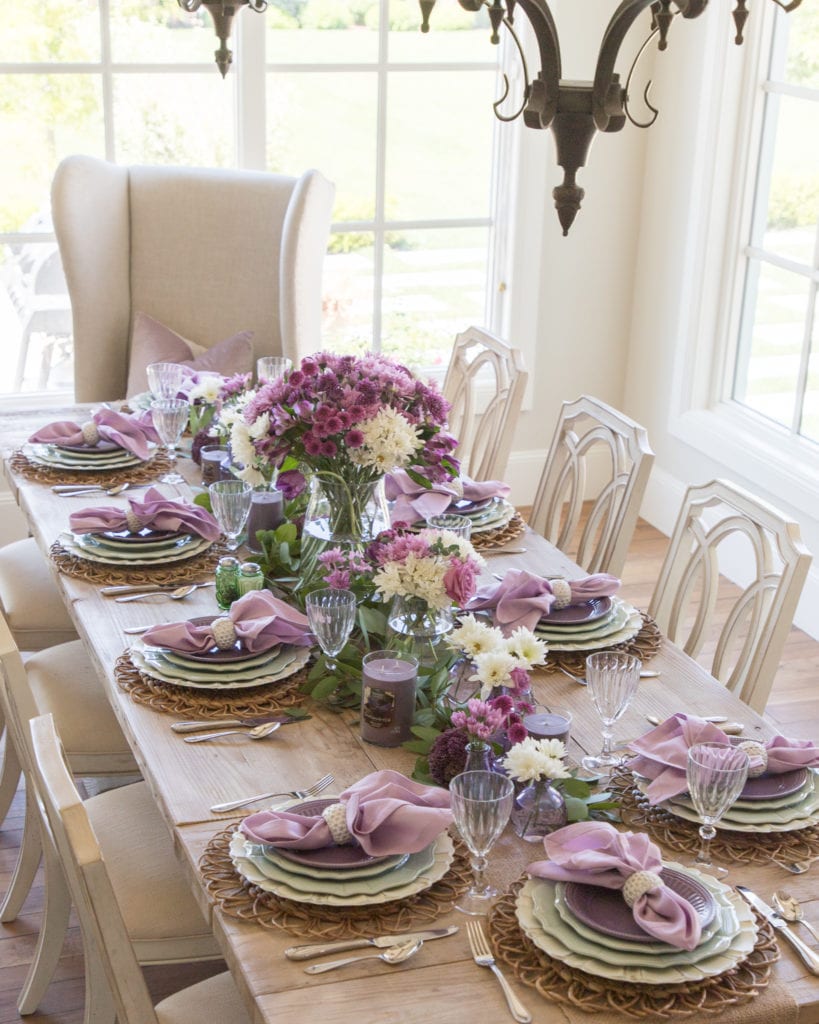 lavender and mint green tablescape with yankee candles