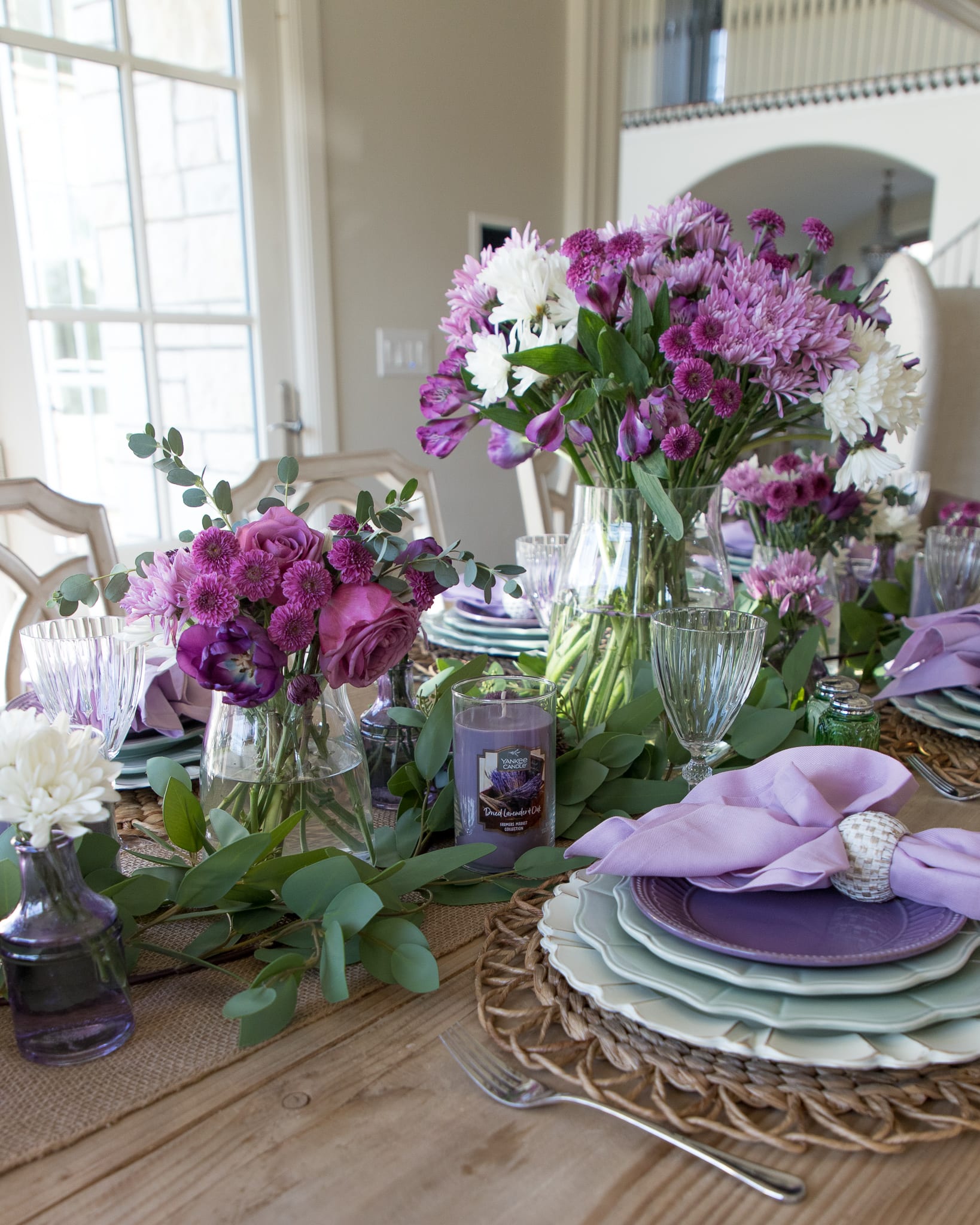 layered greenery centerpiece lavender tablescape