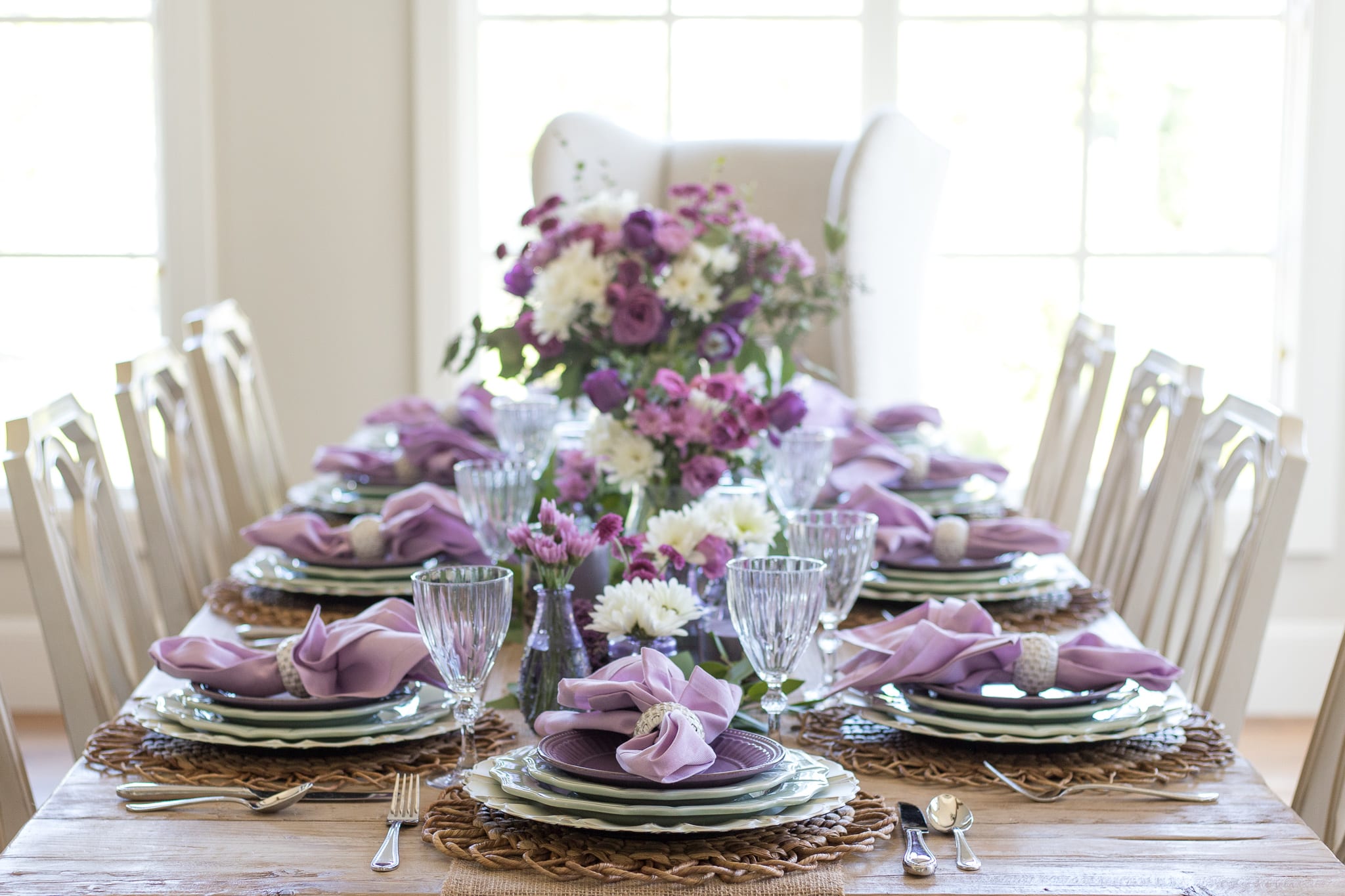 lavender and mint green tablescape with yankee candles