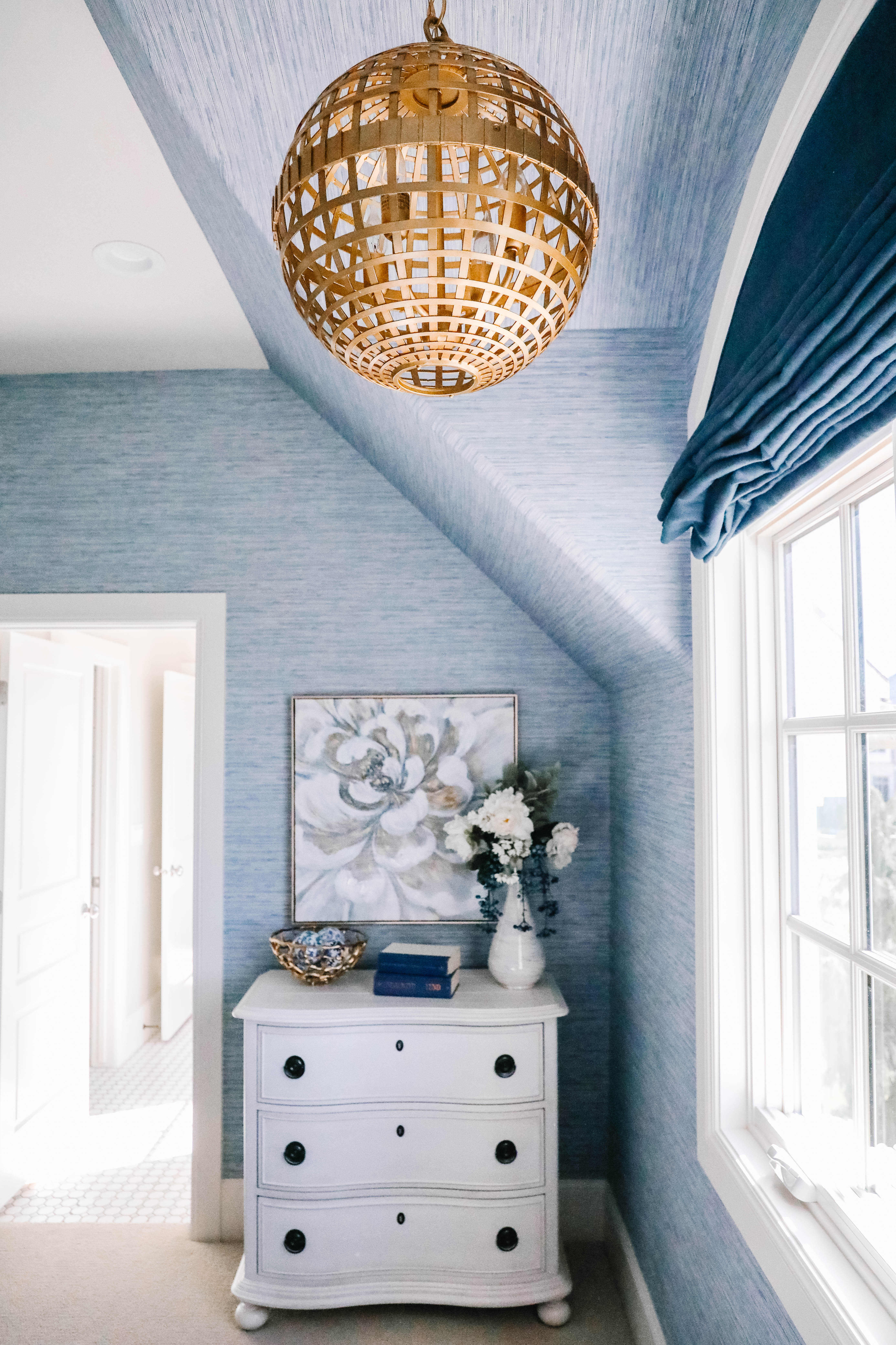 gold pendant blue guest room