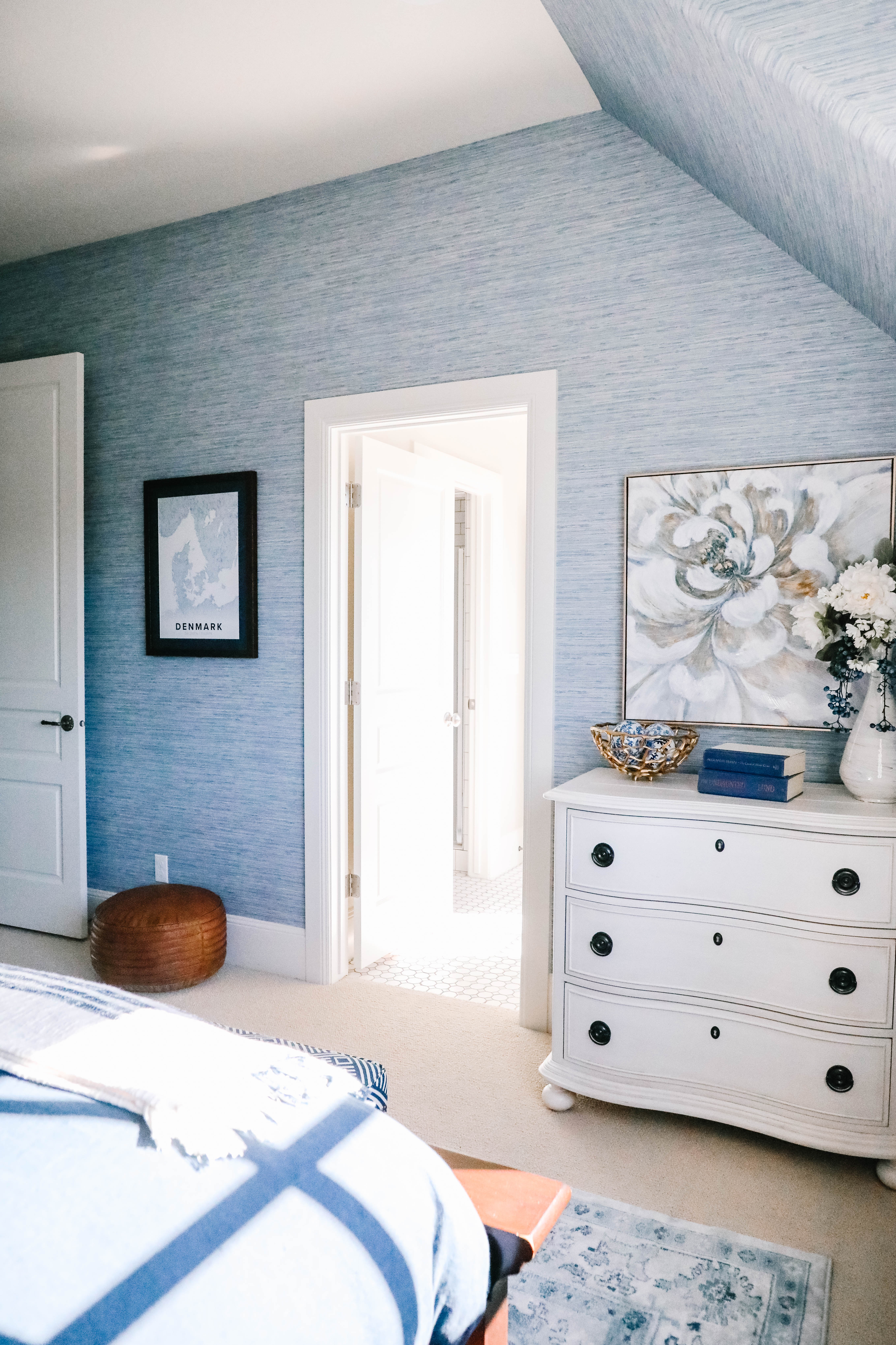 light blue guest room