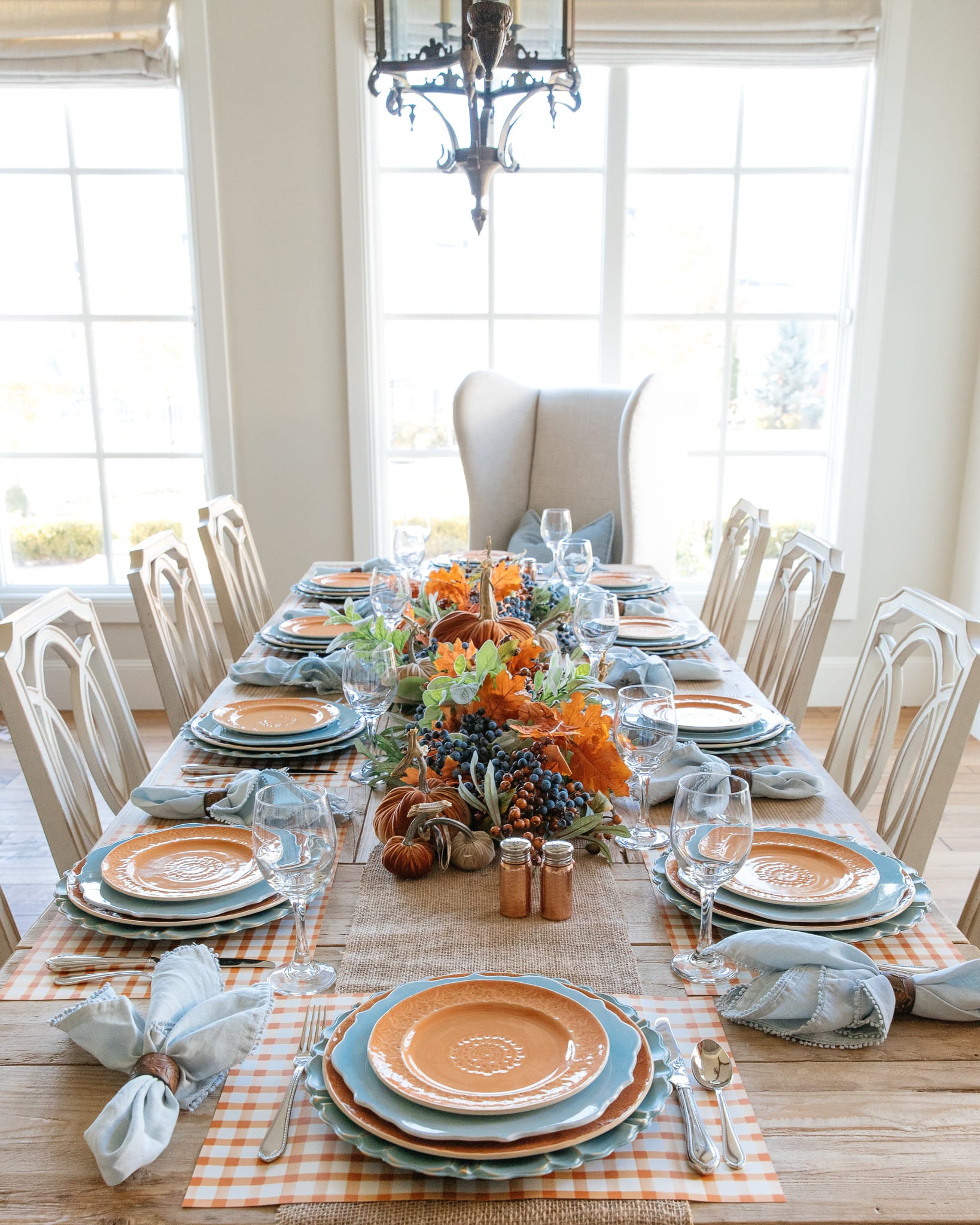 blue and orange tablescape 