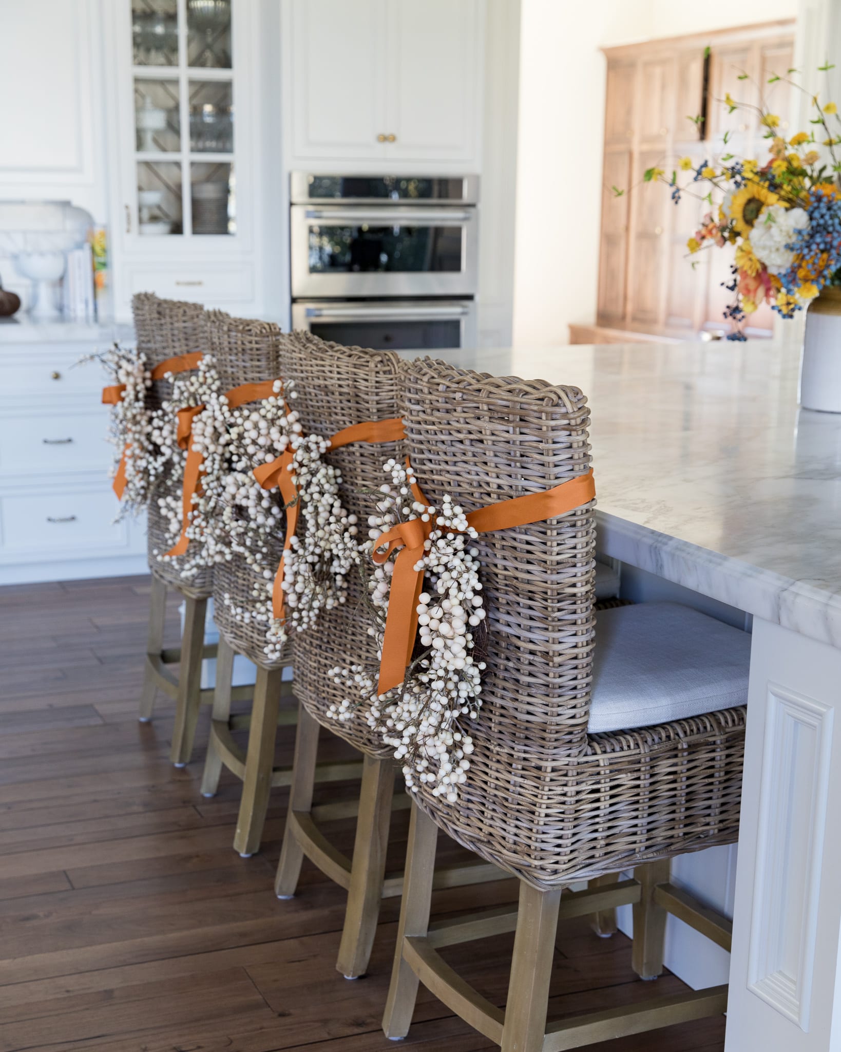 fall home decor berry wreaths on barstools