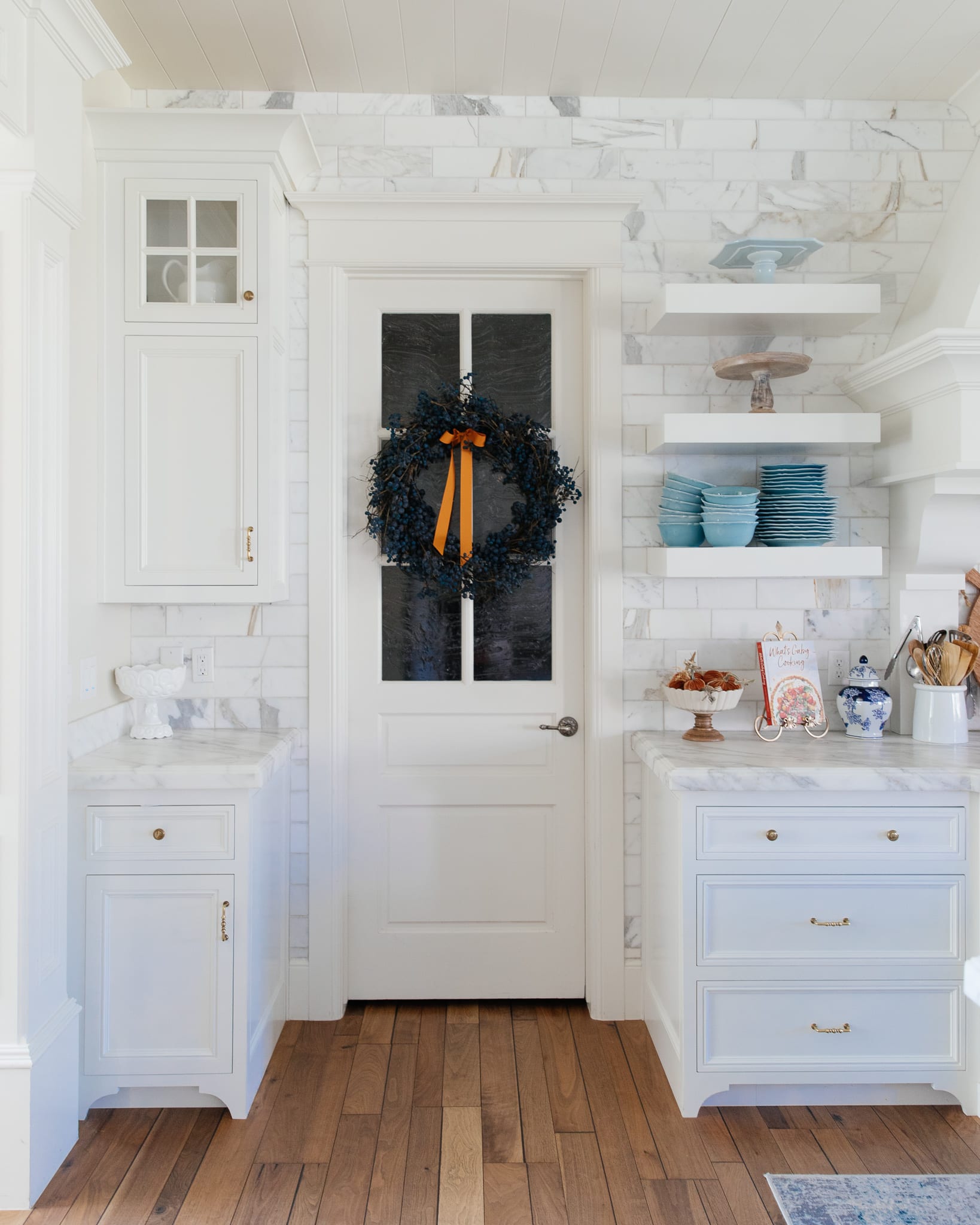 kitchen fall home tour blue and orange colors