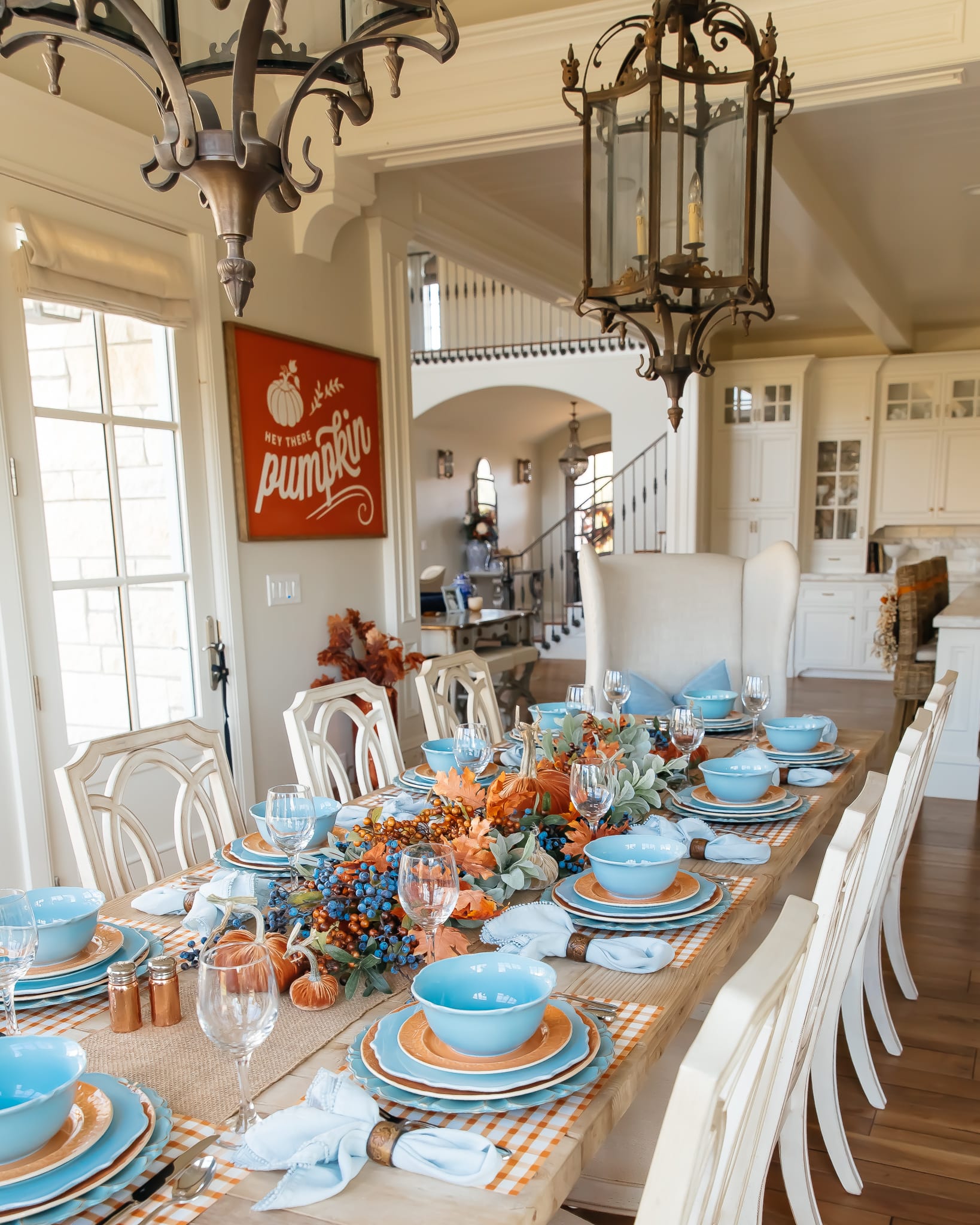 robins egg blue and burnt orange pumpkin tablescape 