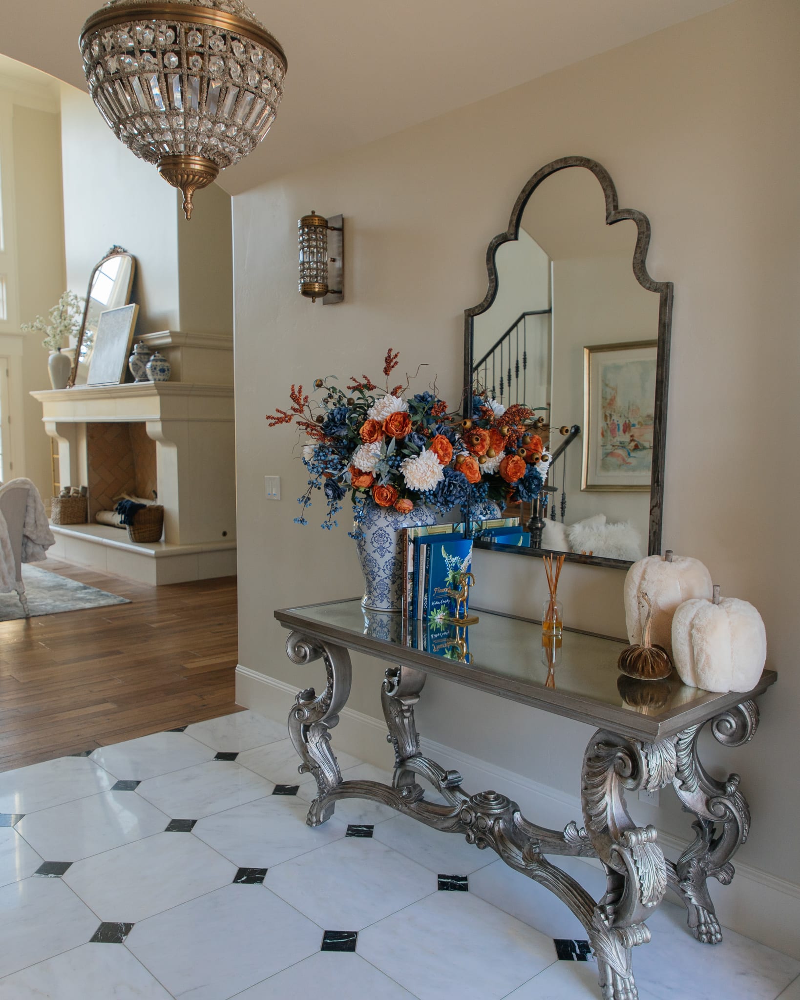 entry way table velvet pumpkins 