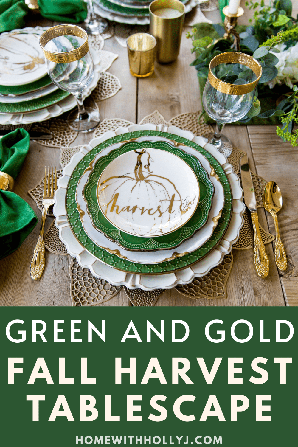 Get inspired to set your Thanksgiving table with this Green and Gold Fall Harvest Tablescape and beautiful centerpiece garland.