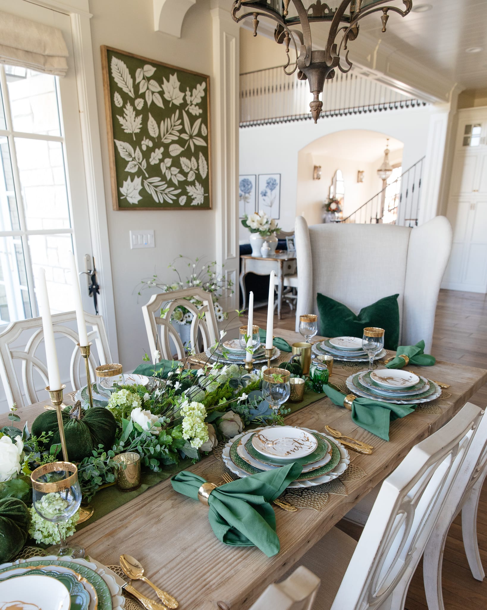 green and gold pumpkins tablescape