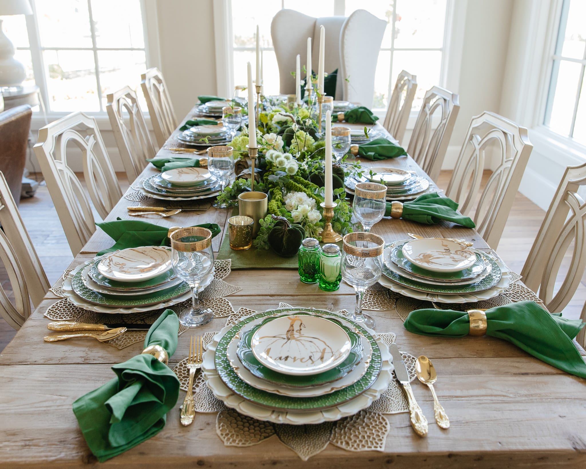 green and gold fall harvest tablescape
