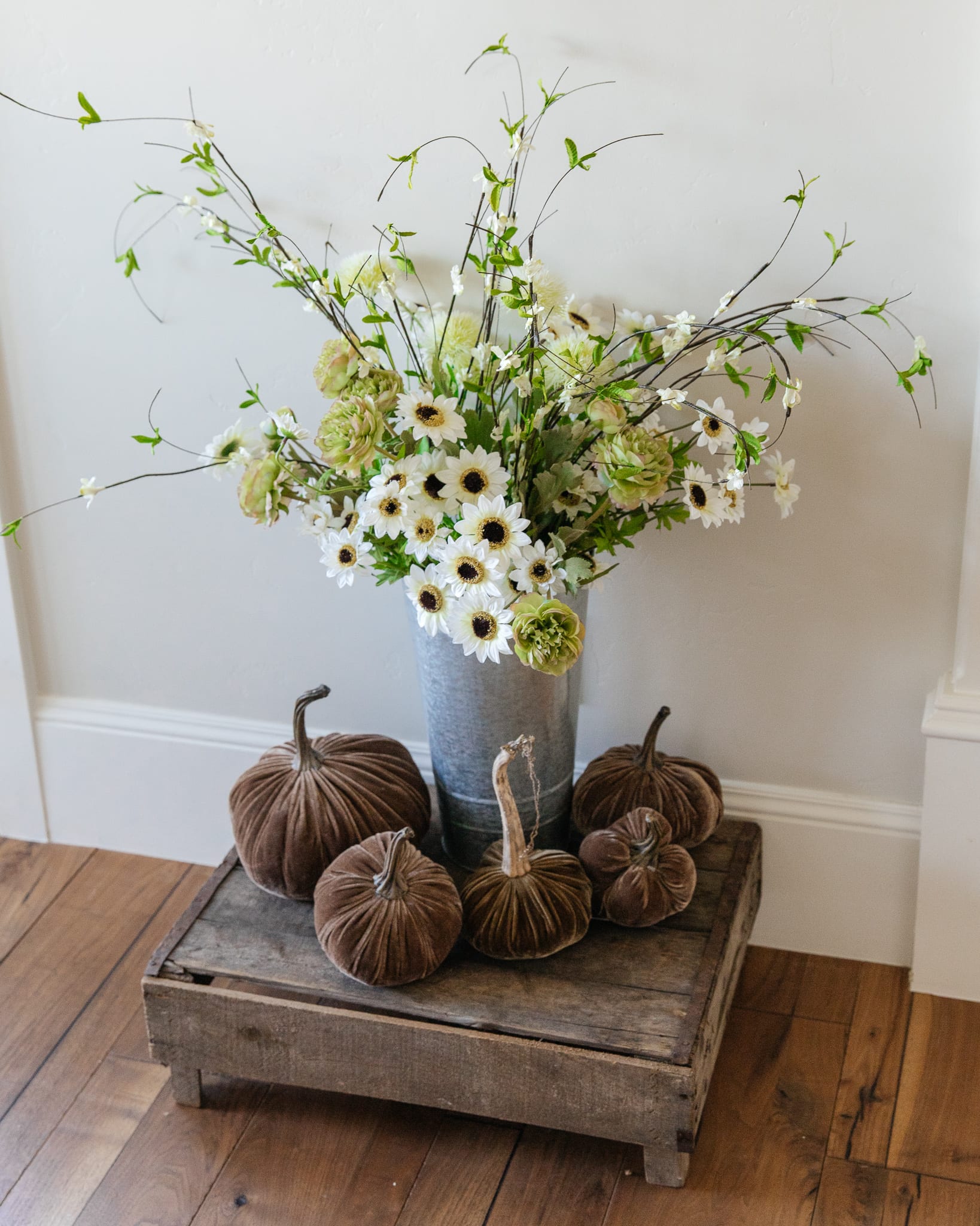 faux flowers velvet pumpkins