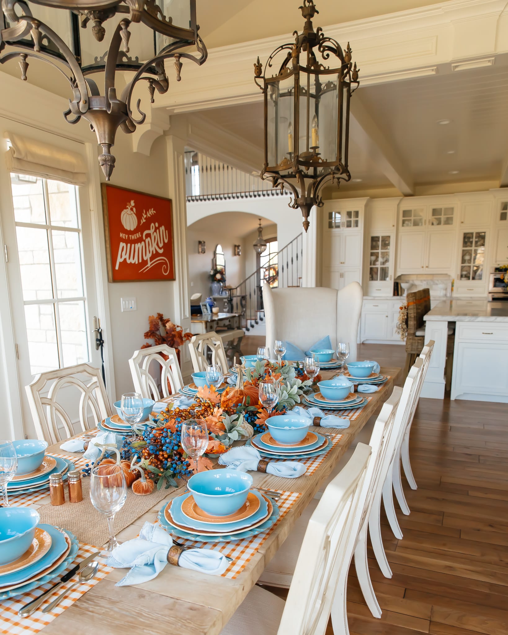 blue and orange pumpkin themed tablescape