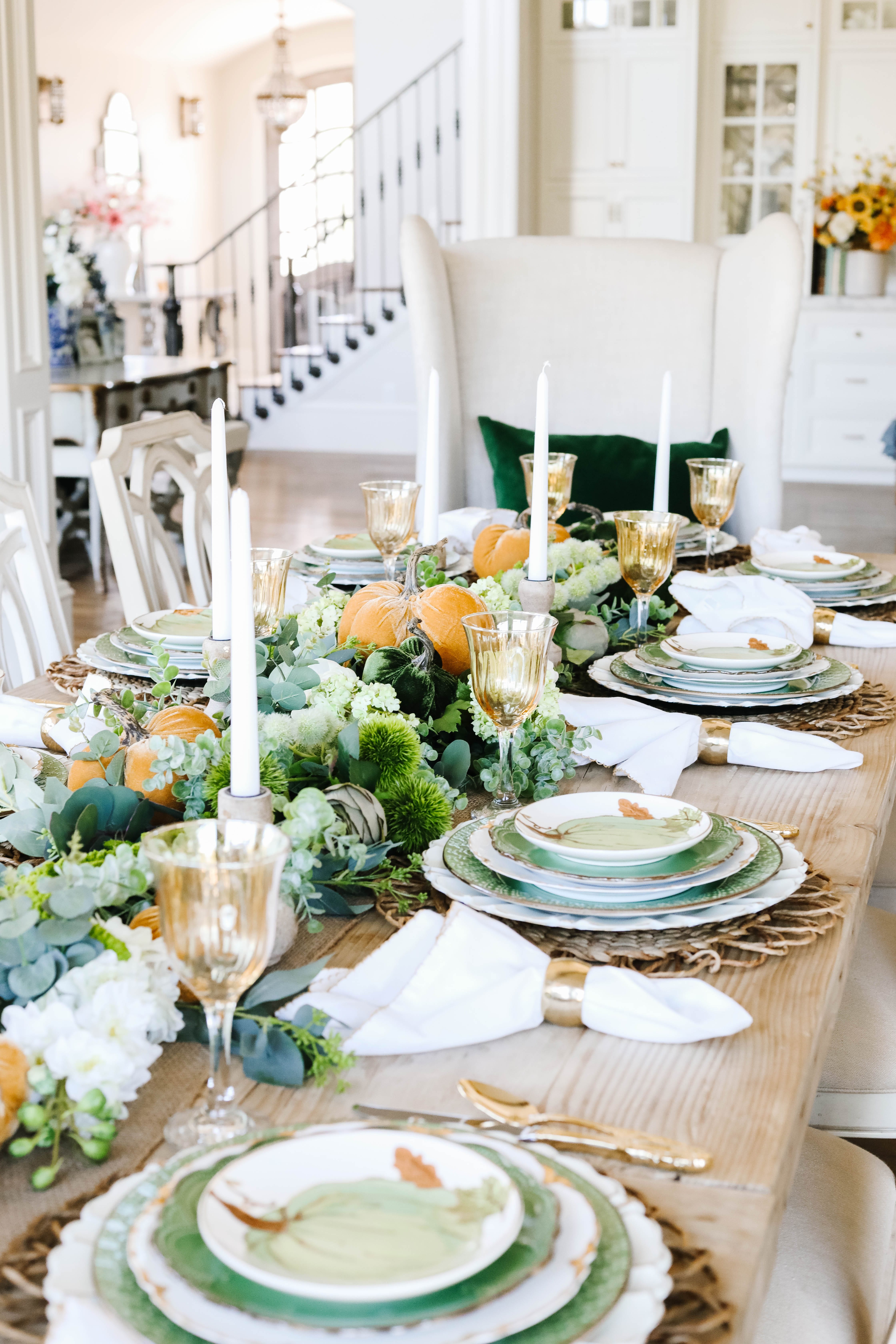 green white and gold rustic elements tablescape