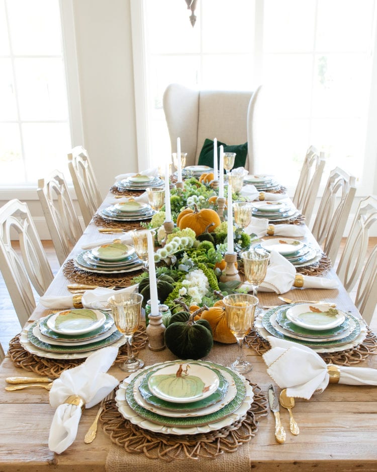 green gold and white thanksgiving tablescape