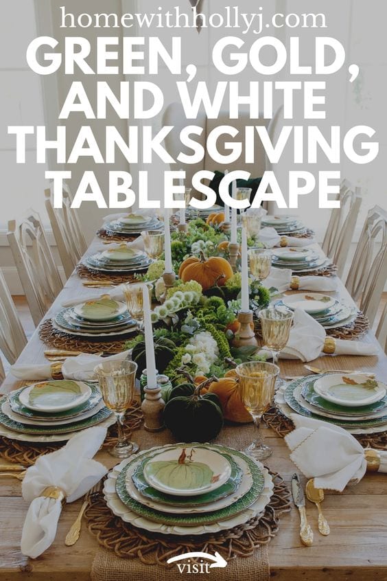 Create a beautiful green, gold, and white Thanksgiving tablescape for your friends and family. Get inspired here.