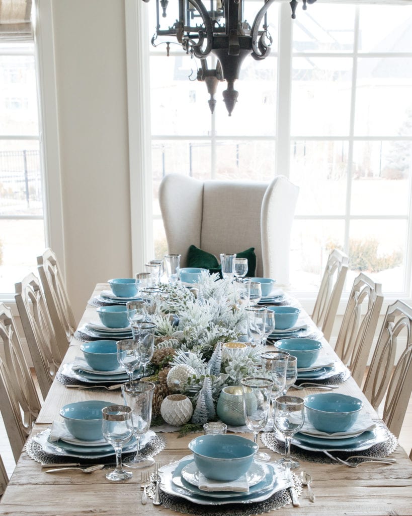 Blue white silver table