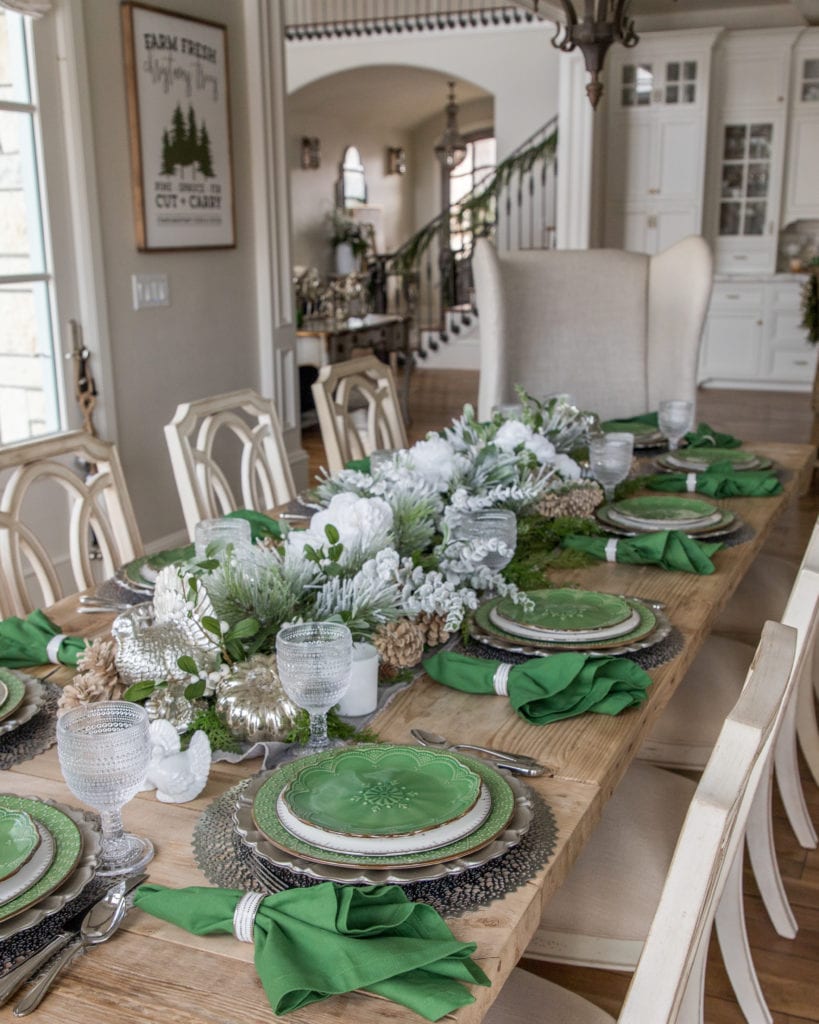 Thanksgiving Green white silver tablescape