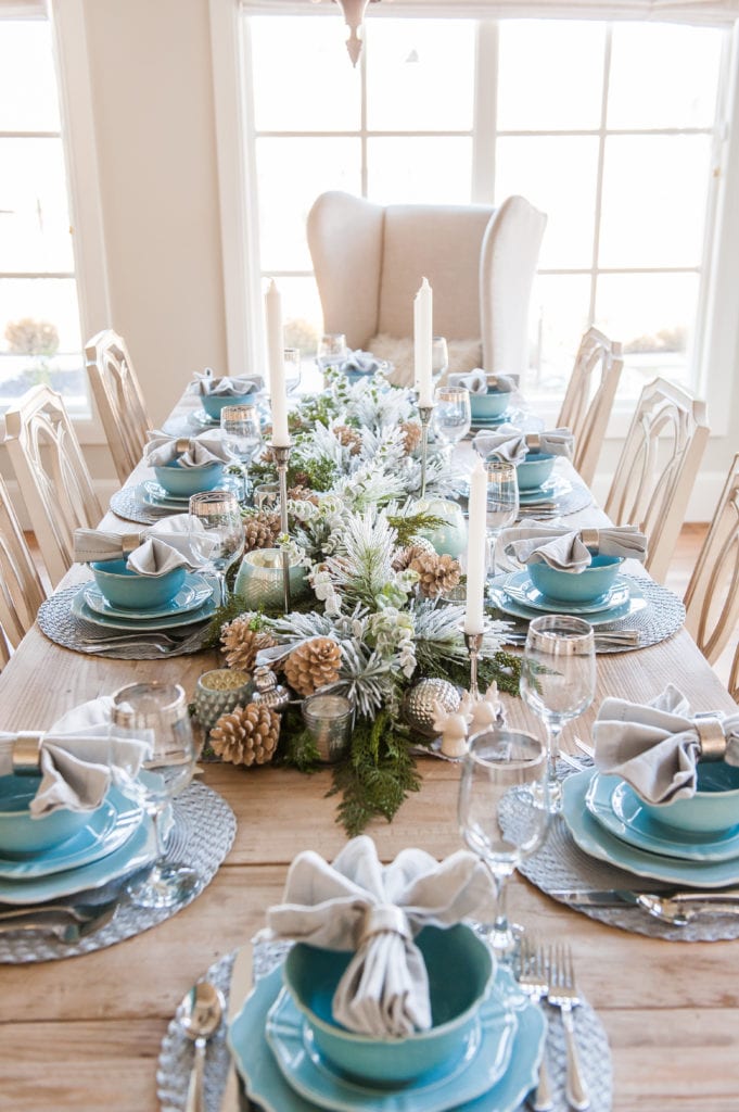 blue and silver winter tablescape