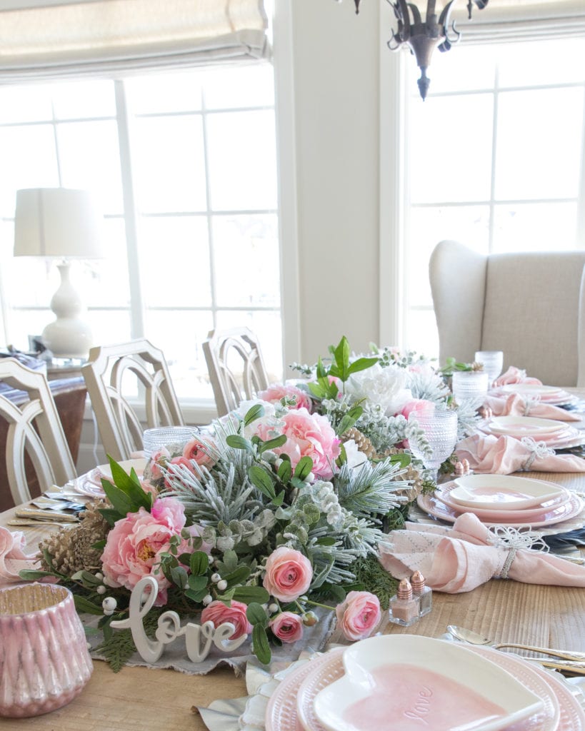 winter pink heart valentines day tablescape