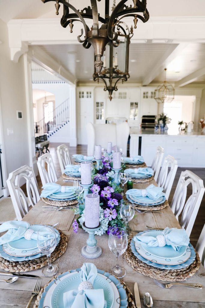 lavender teal spring tablescape