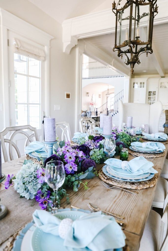 lavender and teal spring tablescape