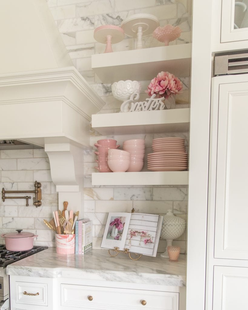 pink dishes spring decor kitchen shelves