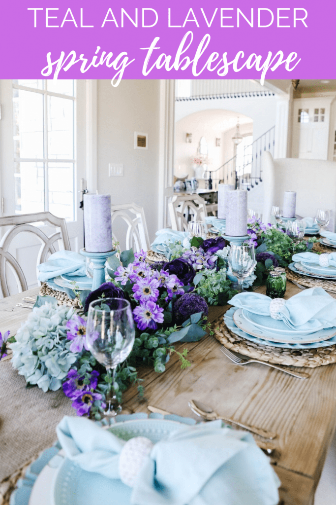 spring and teal and purple tablescape